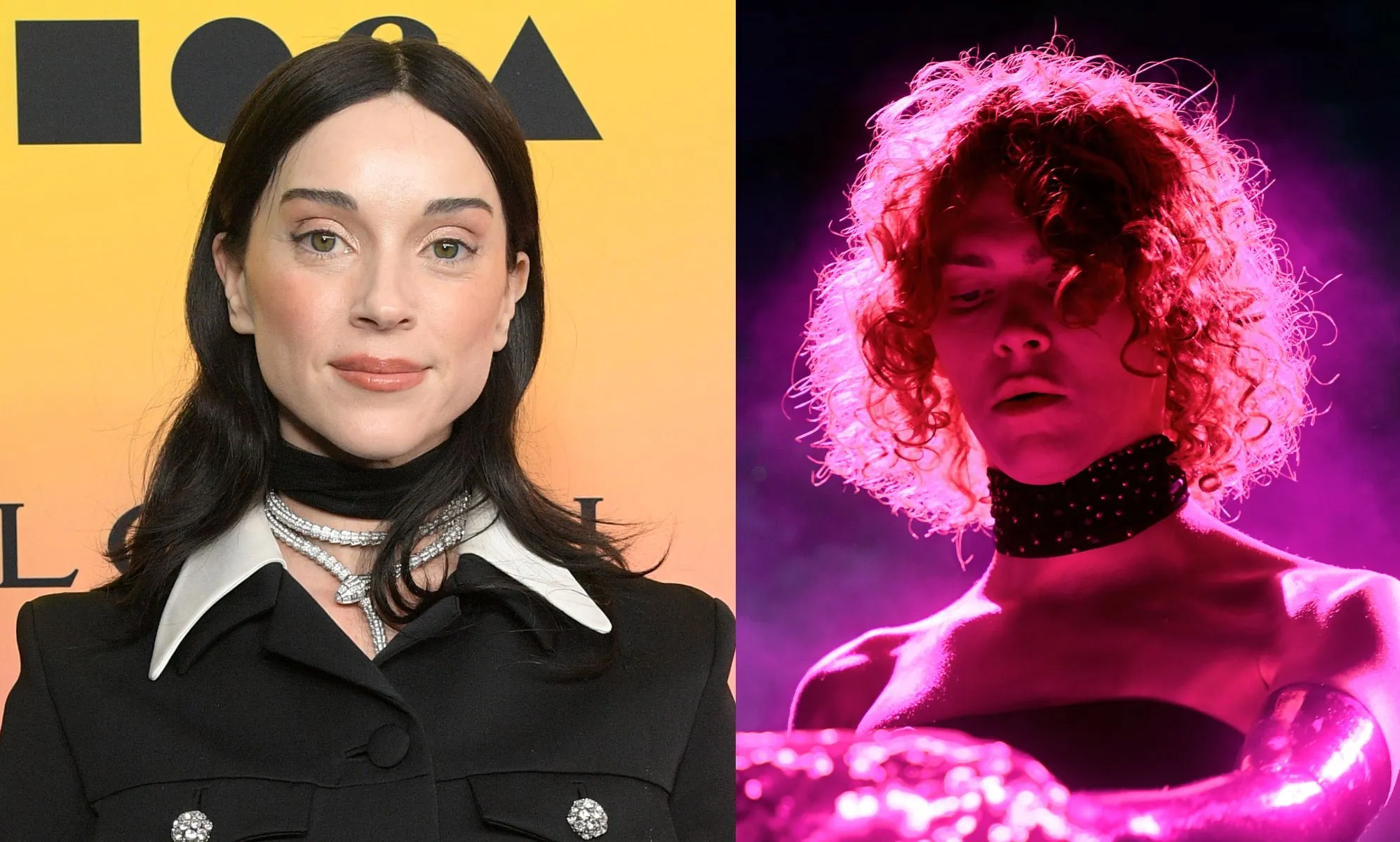 Musician St Vincent smiles in a red jacket and choker. On the left, musician SOPHIE plays in a pink light.