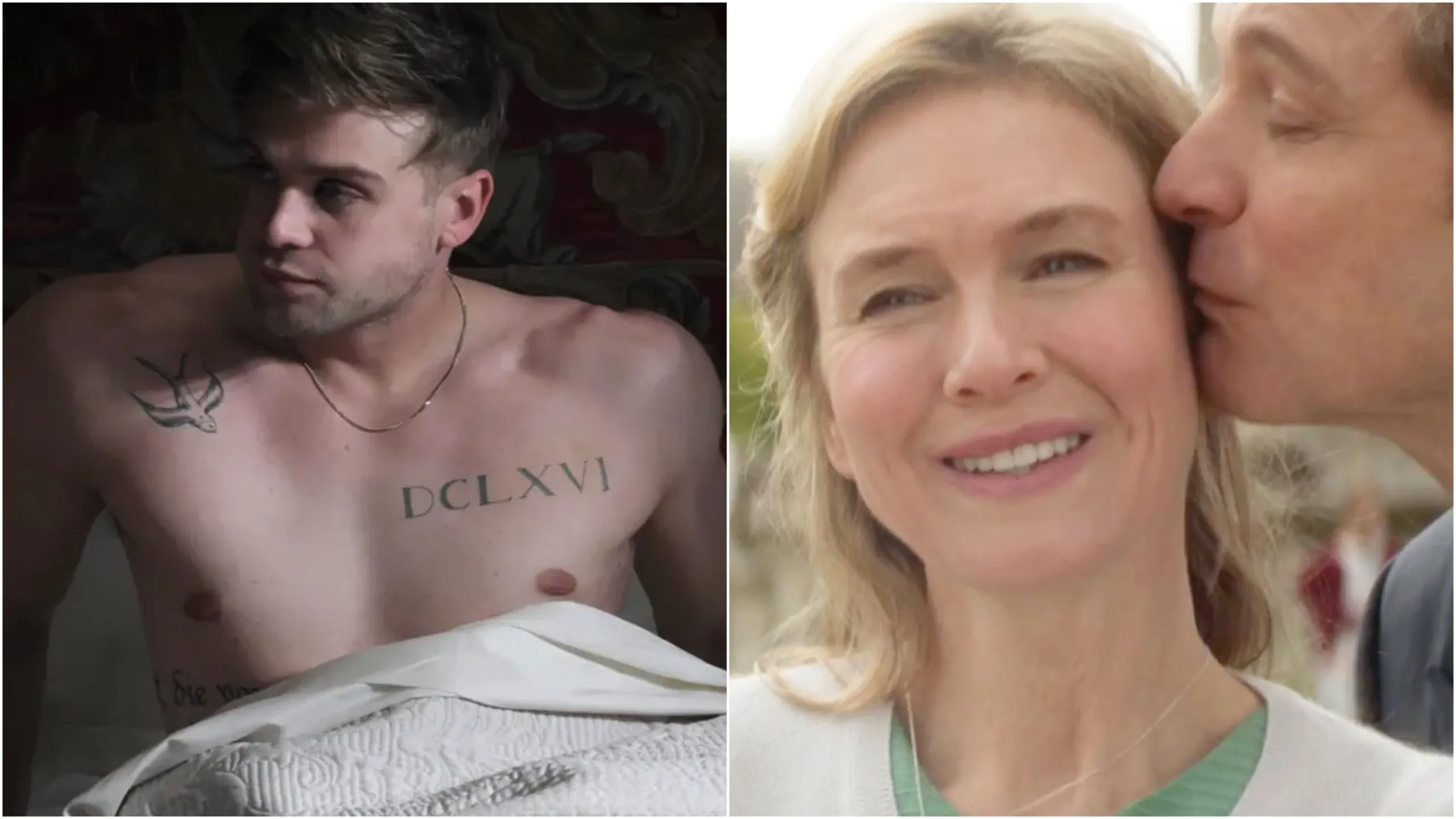 Photo shows Leo Woodall Shirtless in bed in The White Lotus on the left, and Bridget Jones, played by Renee Zellweger, getting a kiss on the cheek from Mark Darcy, played by Colin Firth, on the right