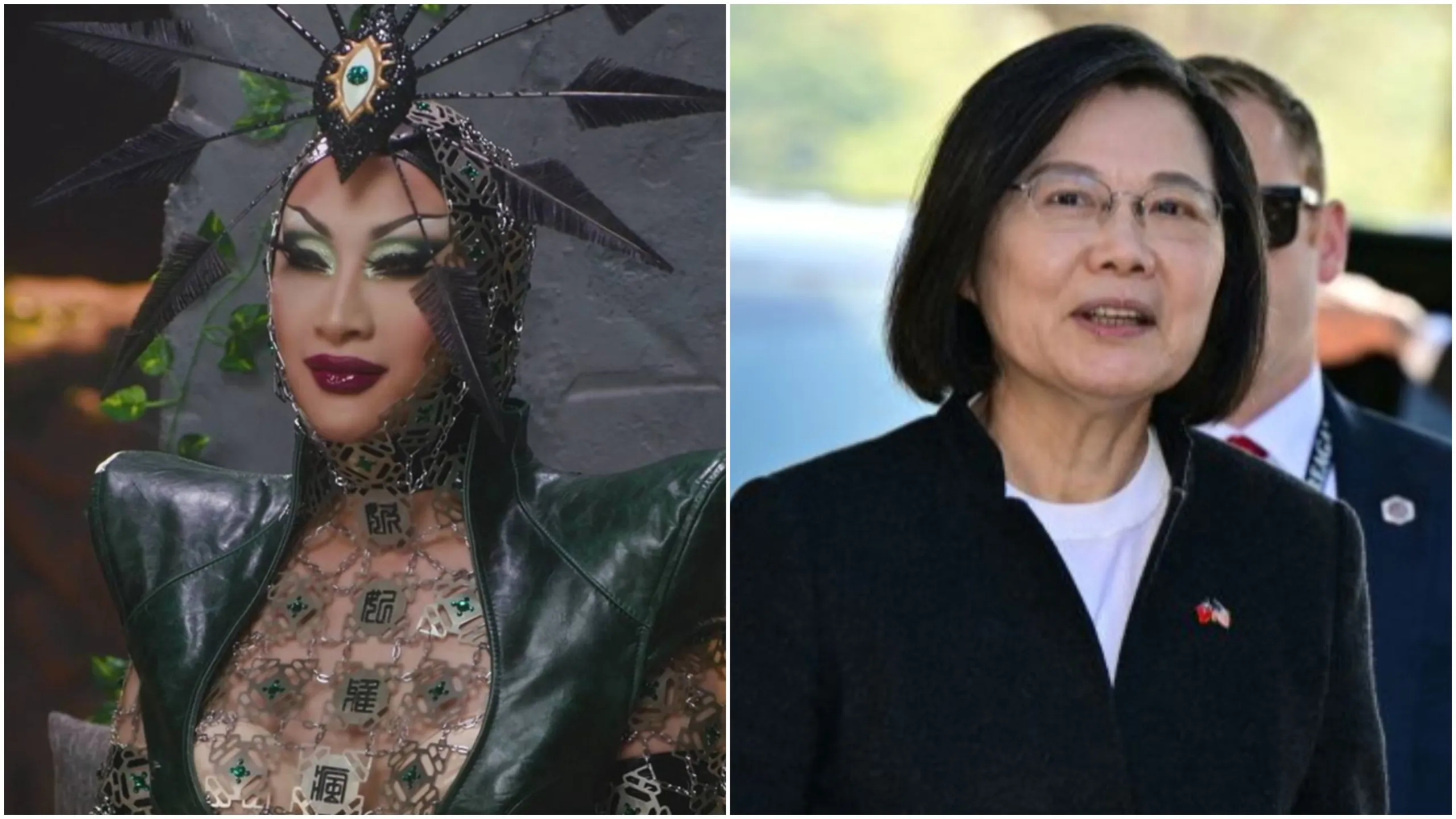 Photo shows Nymphia in drag on the left, wearing an elaborate headdress, and the Taiwanese president on the right