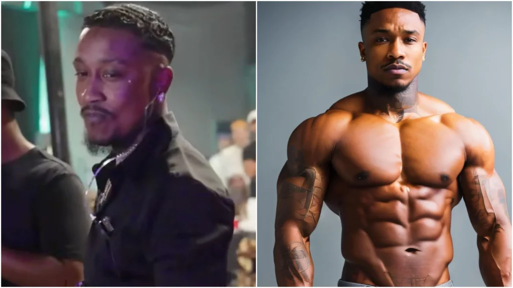 Composite image showing Jerzey Saint Wilson on the right, competing in a drag pageant, and on the right, posing shirtless on Instagram. A tweet claimed he is the son of actor and comedian Tommy Davidson
