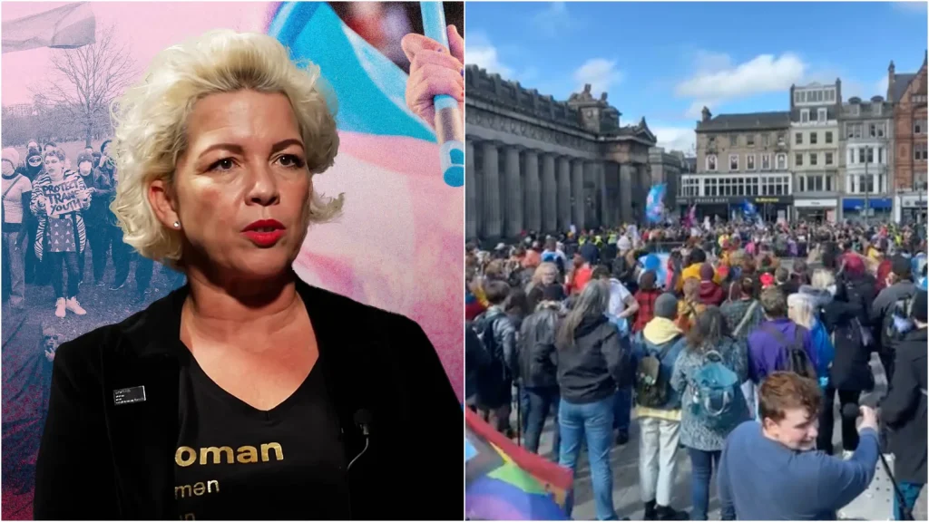 Composite image- on the left is Posie Parker, also known as Kellie-Jay Keen-Minshull, on the right is a large counter protest that took place against her recent rally in Edinburgh