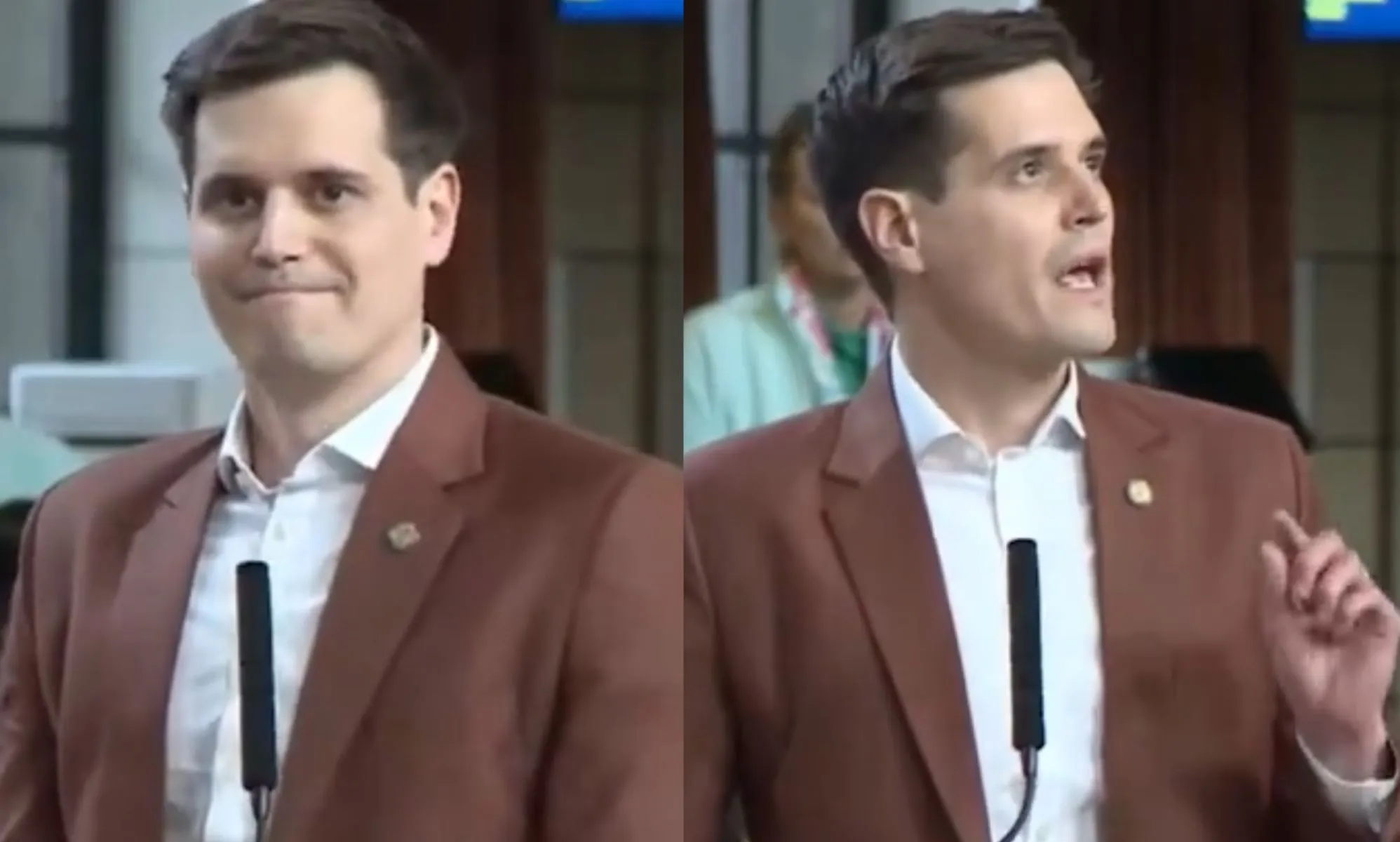 A split image of John Fredrickson in a brown suit during his speech at the Nebraska state Capitol.
