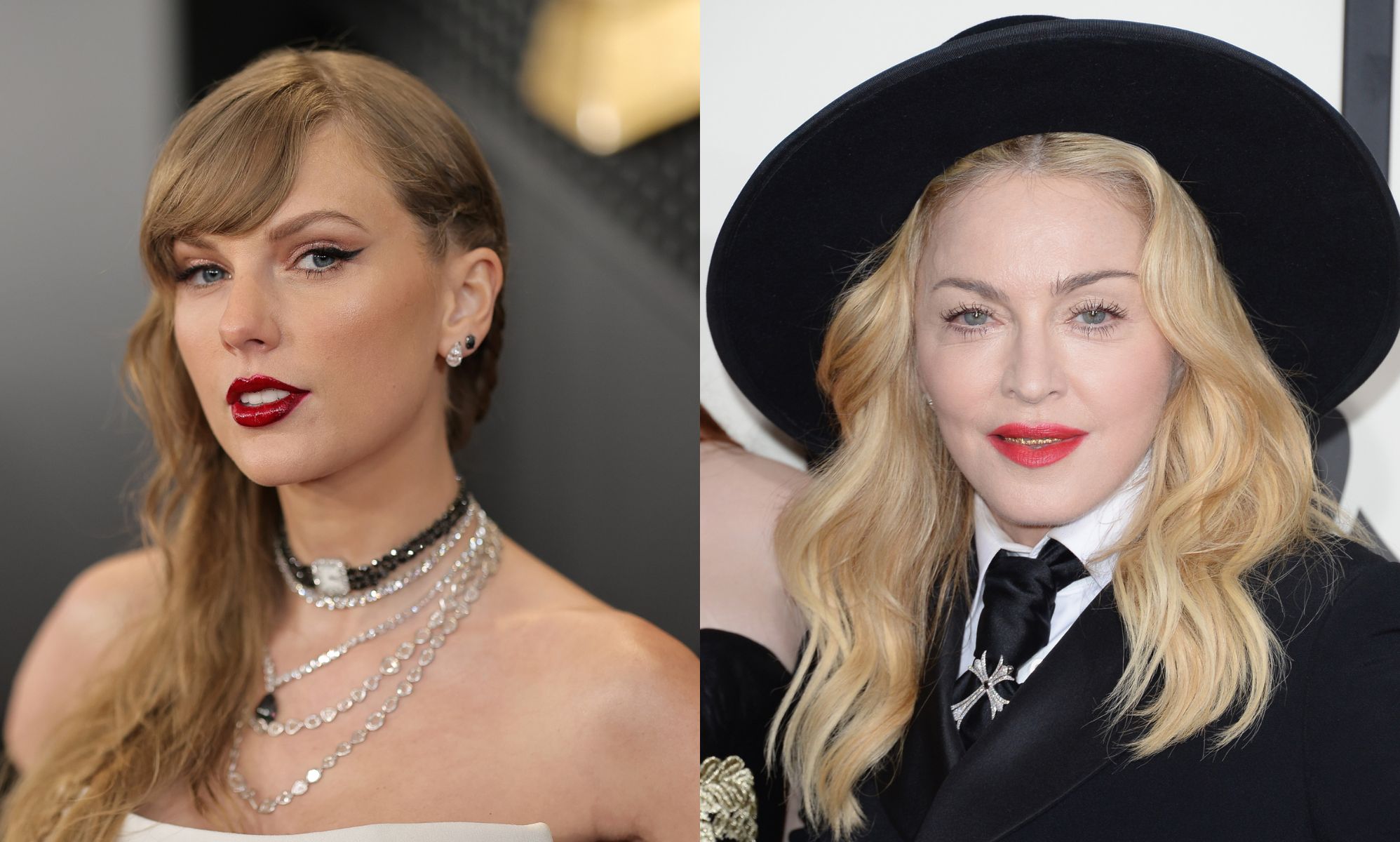 Taylor Swift at the Grammy Awards in 2024 and Madonna at the Grammy Awards in 2014.