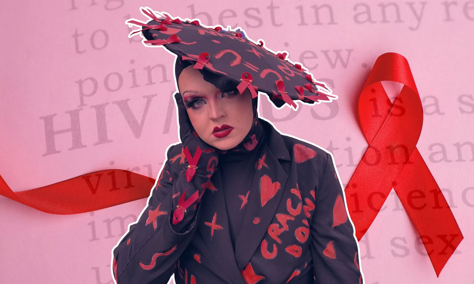 A graphic composed of an image of Kyle Cook, a drag queen and HIV activist, wearing an outfit inspired by HIV history, a red ribbon and a definition from a dictionary about HIV