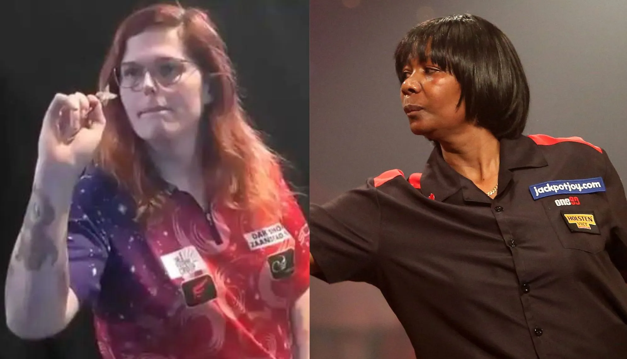 Trans darts player Noa-Lynn van Leuven (left) and British player Deta Hedman (right)