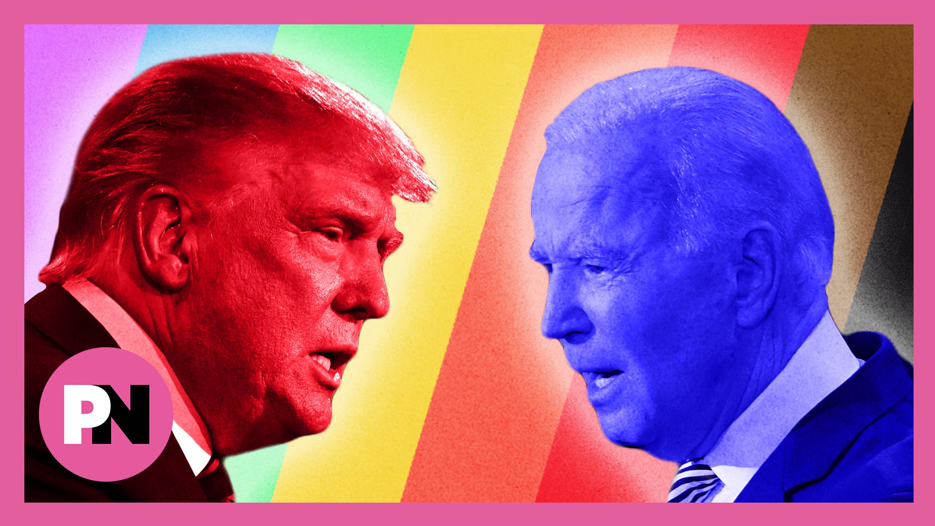Donald Trump and Joe Biden in front of an LGBT flag