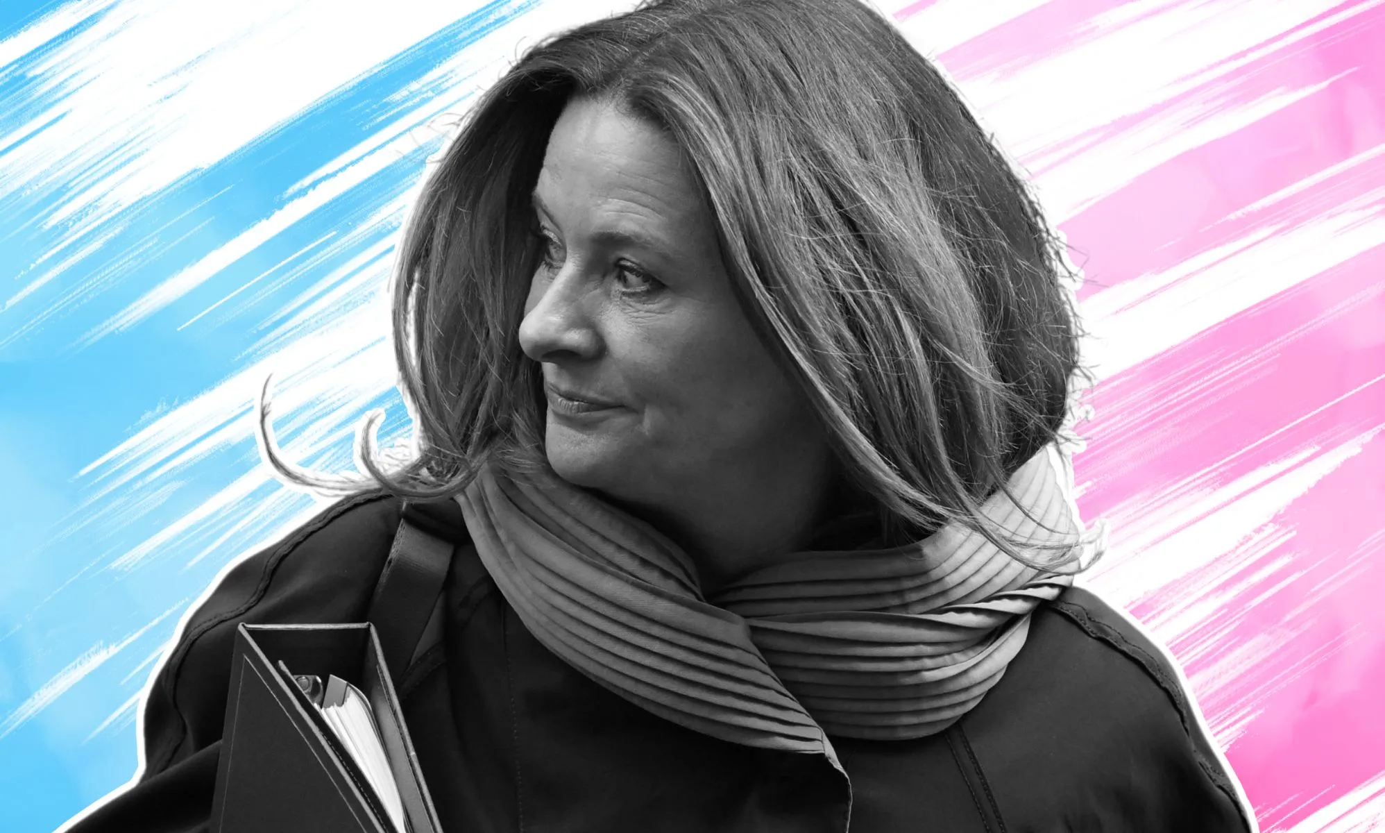 An edited image of a monochrome Gillian Keegan infront of a pink and blue background.
