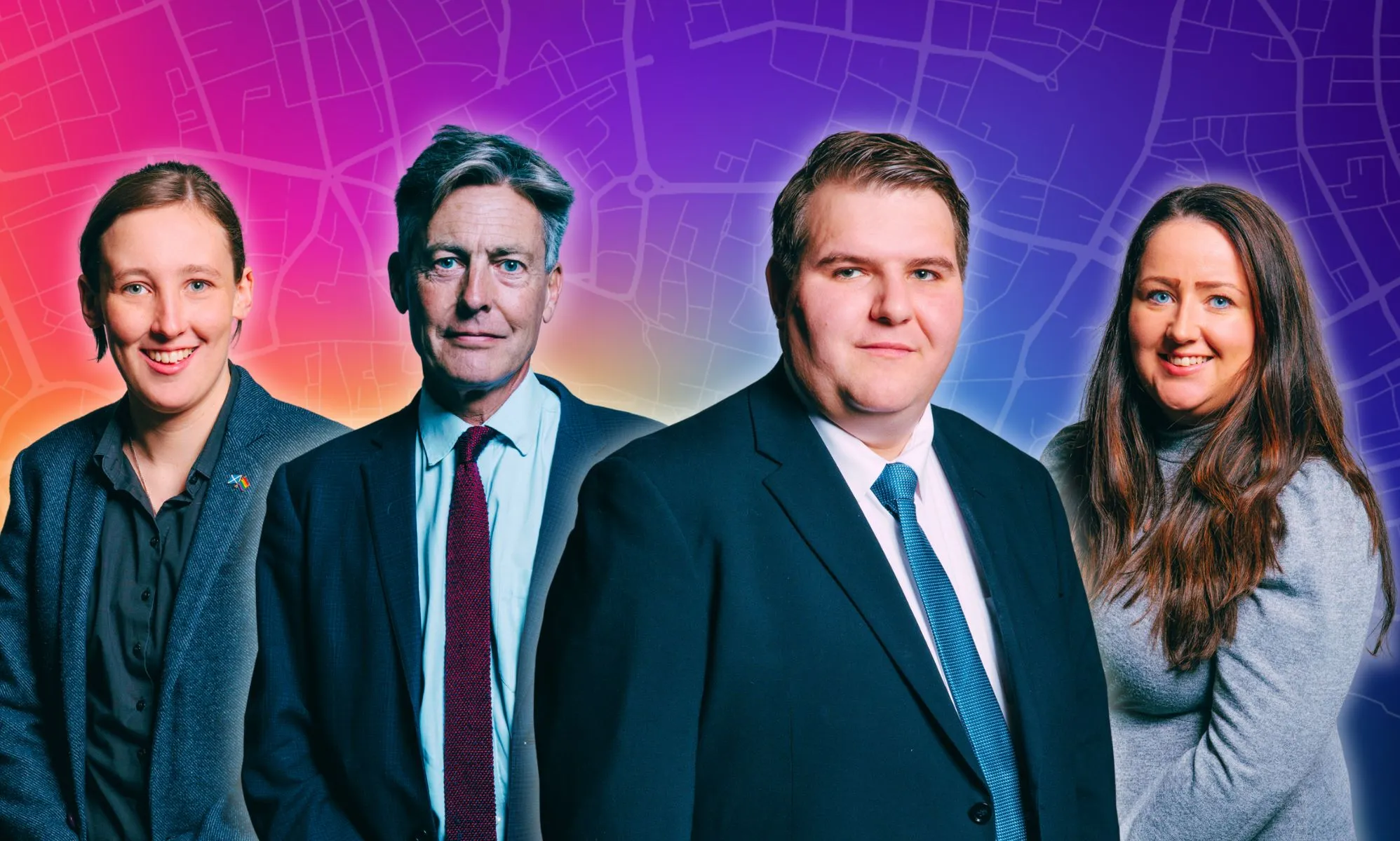 An edited image of four MPs, Mhairi Black, Ben Bradshaw, Jamie Wallis, and Angela Crawley, infront of a rainbow gradient overlayed with a road map.
