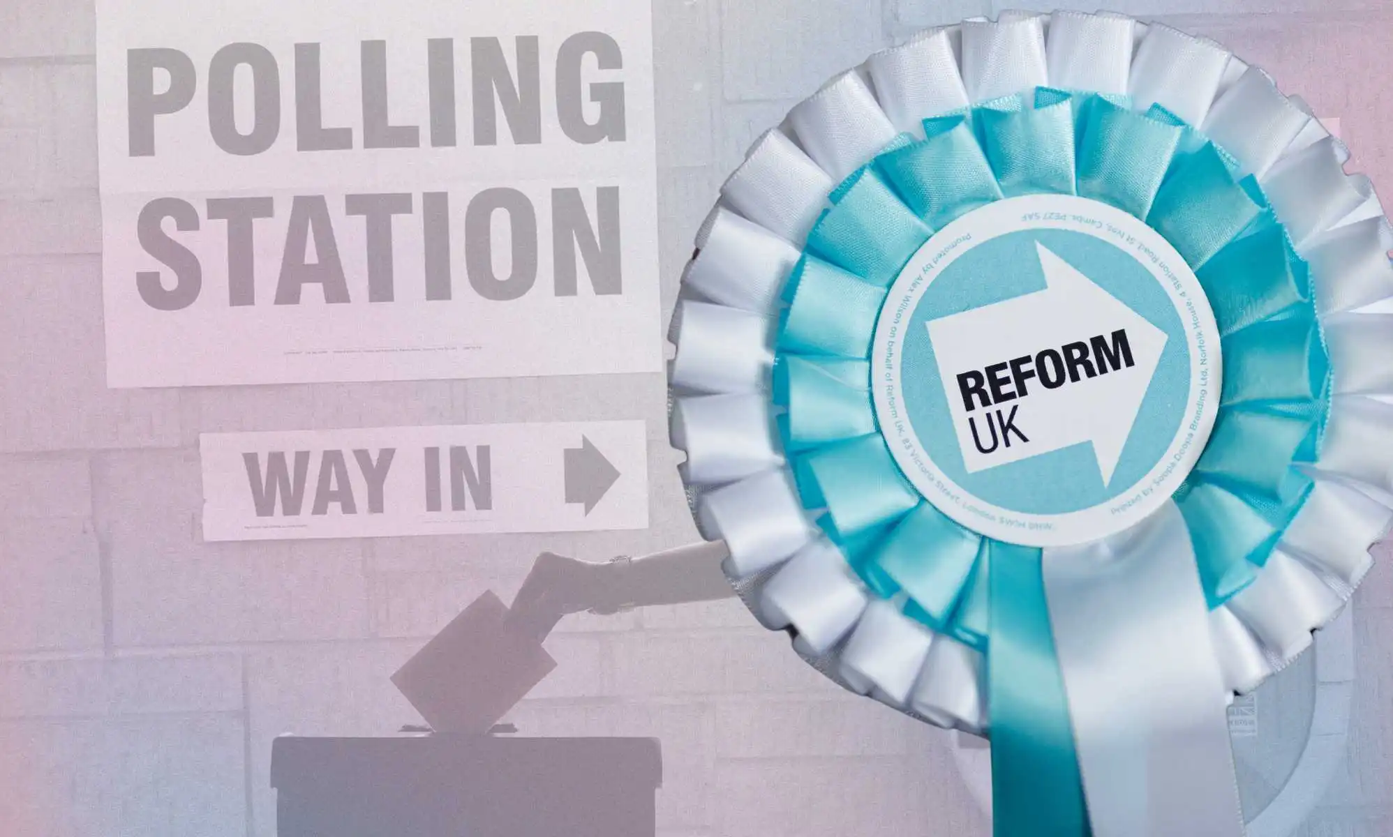 a mock up featuring a polling station card and Reform UK badge
