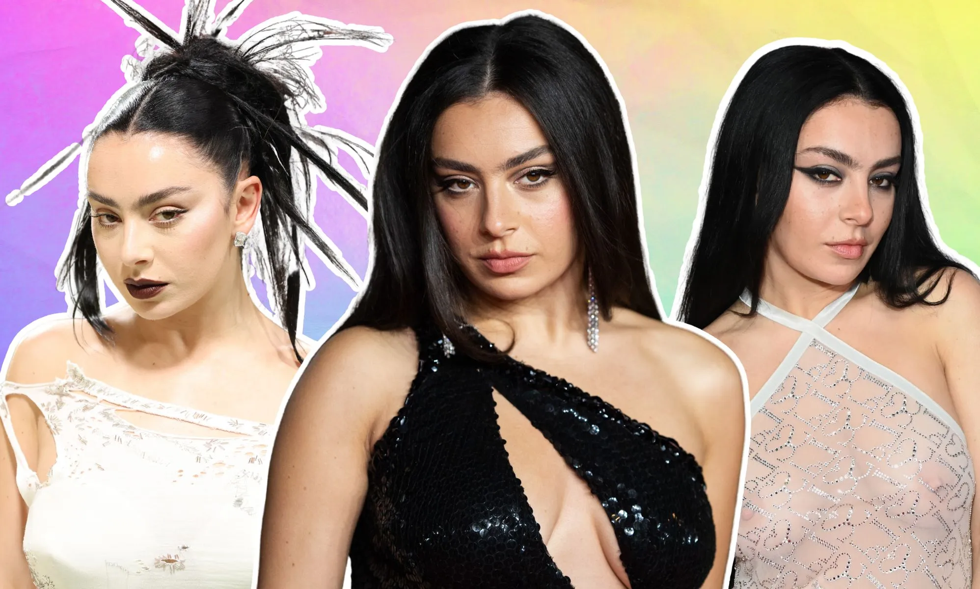 Three photos of charli xcx against a rainbow background.