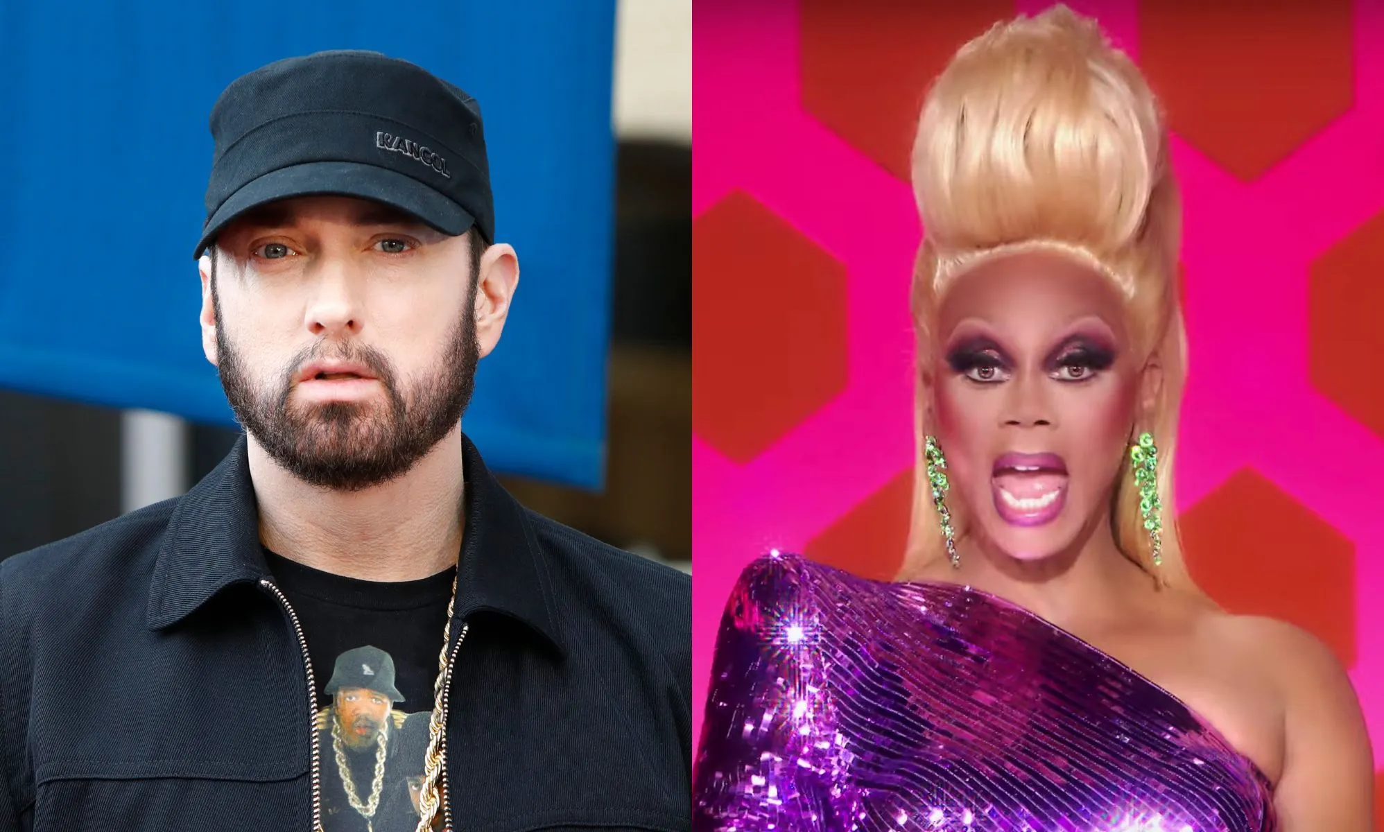 Eminem in at-shirt and jacket, black cap, and his mouth ajar. RuPaul hosting her show, RuPaul