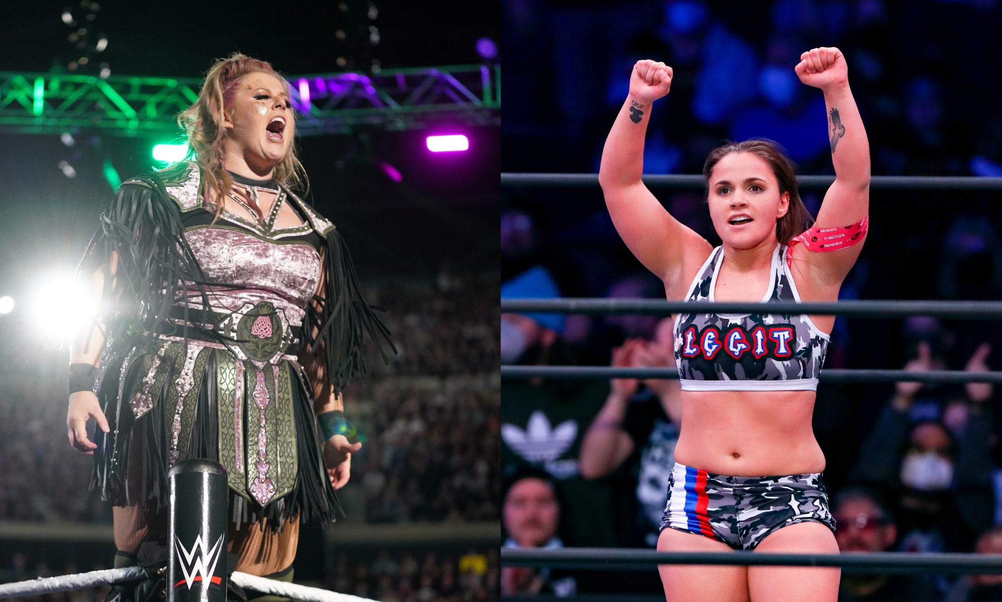 Piper Niven stands on the second rope while making her entrance to the ring and Leyla Hirsch celebrates after winning her match during AEW