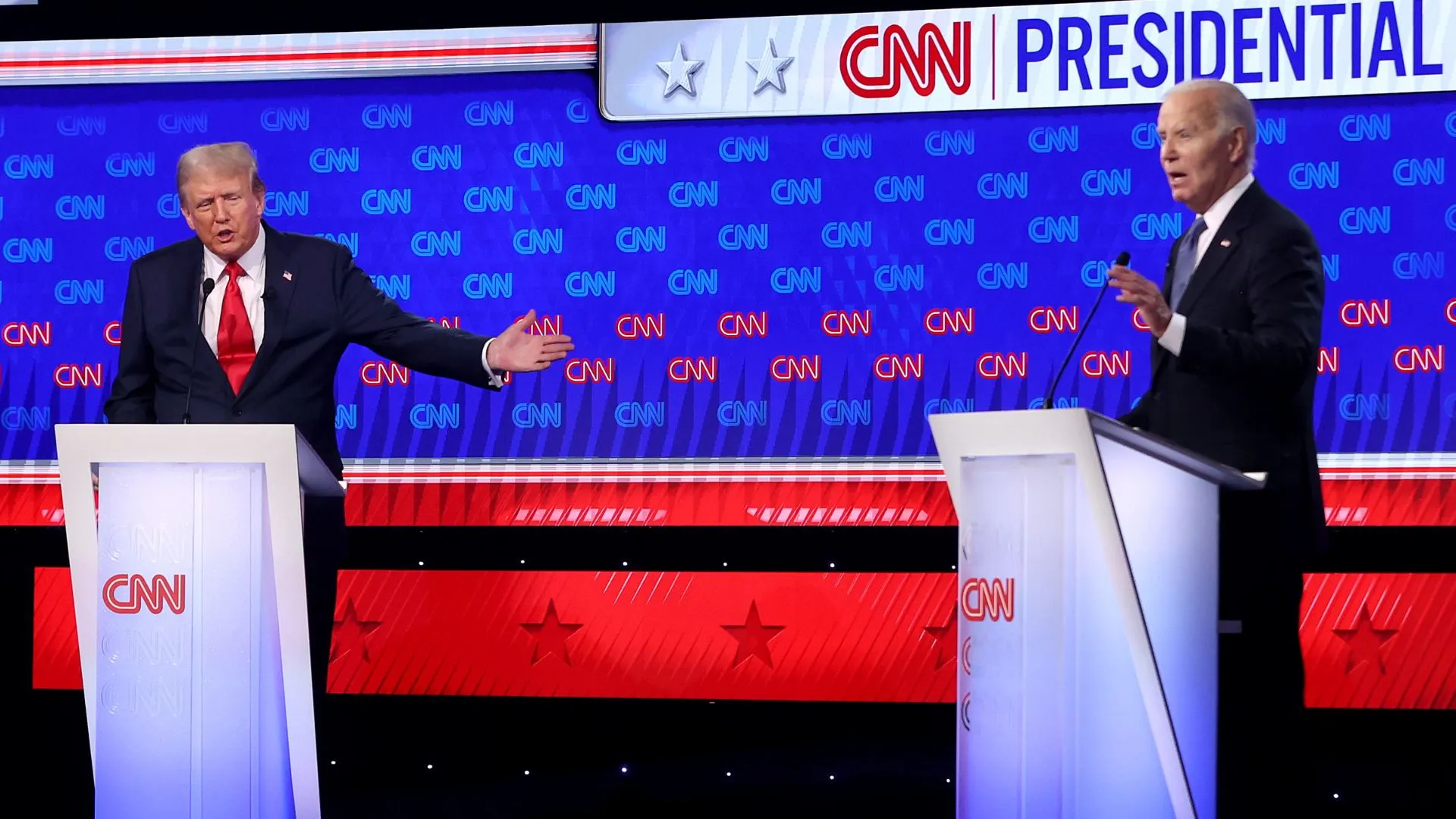 US President Joe Biden and Republican presidential candidate, former President Donald Trump participate in the CNN Presidential Debate at the CNN Studios on June 27, 2024 in Atlanta, Georgia