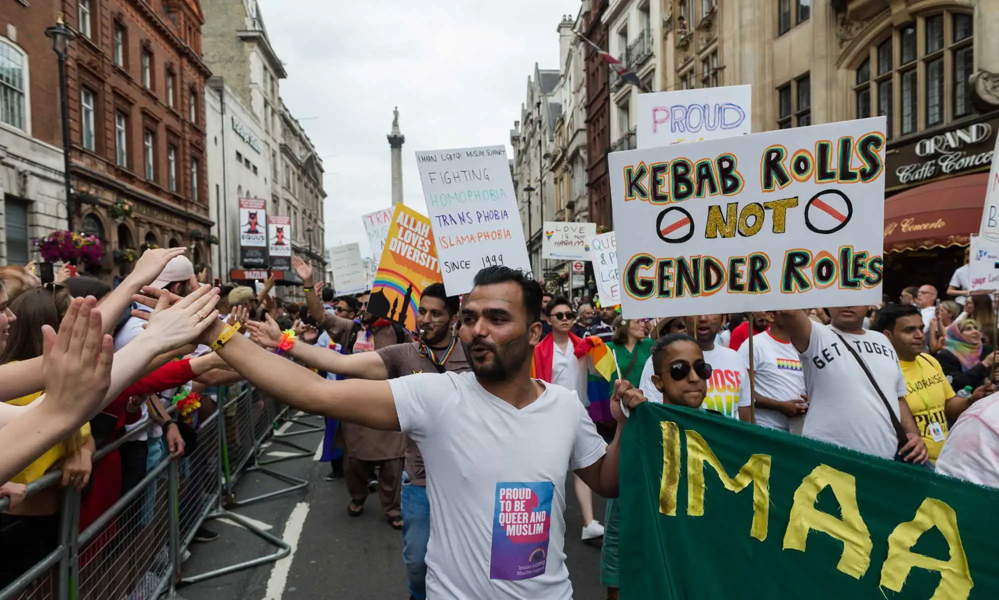 Members of the Imaan Muslim LGBTQI support group take part in the Pride in London parade on 06 July, 2019 in London, England. The festival, which this year celebrates 50 years since the Stonewall Uprising, attracts hundreds of thousands of people to the streets of the British capital to celebrate the LGBT+ community. (Photo by WIktor Szymanowicz/NurPhoto via Getty Images)
