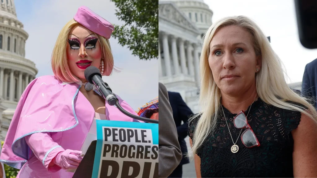 Drag queen Brigitte Bandit and Republican politician Marjorie Taylor Greene