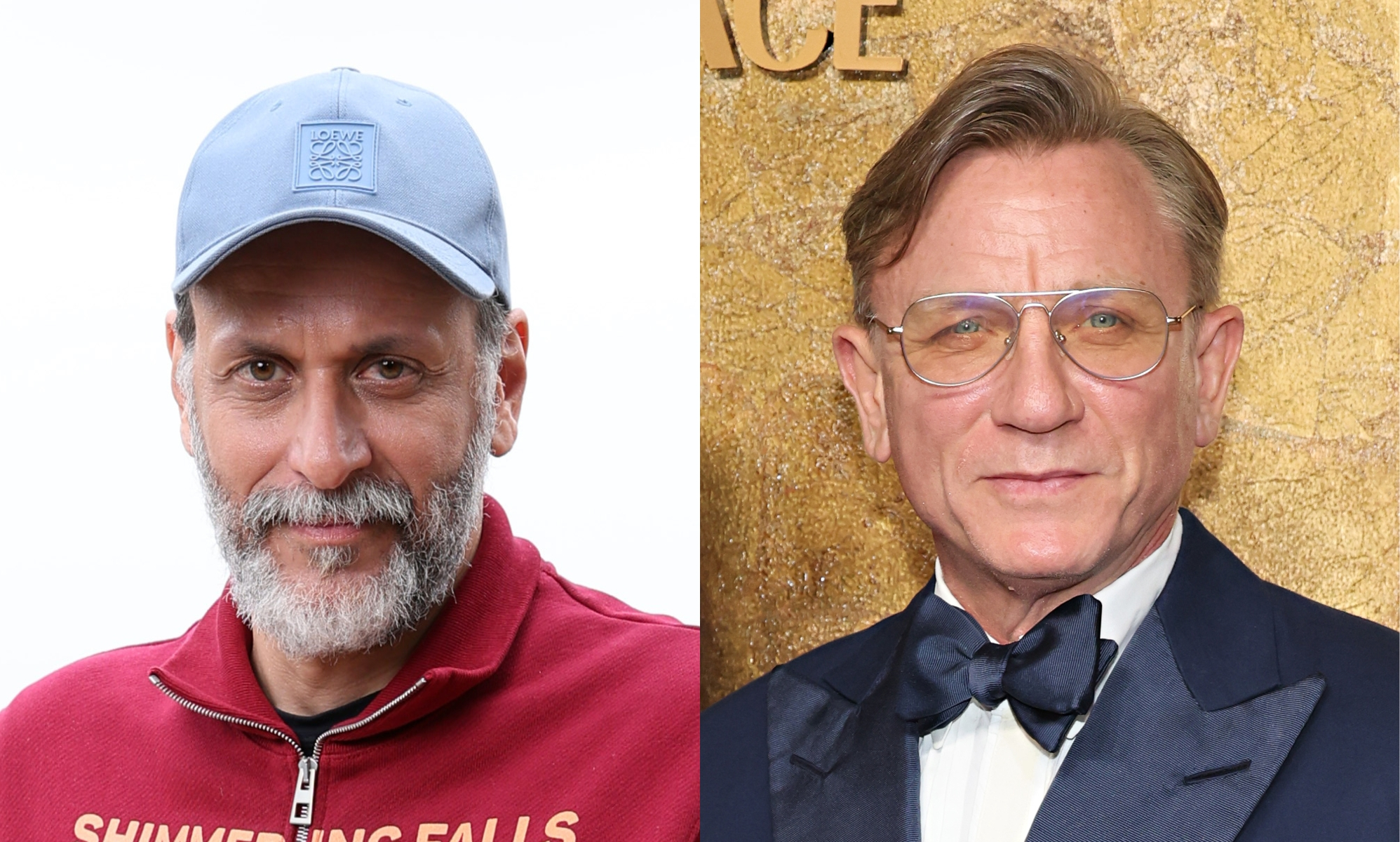 headschots of Luca guadanino wearing a blue cap and red sweater. Daniel Craig wearing glasses and a suit and bowite.