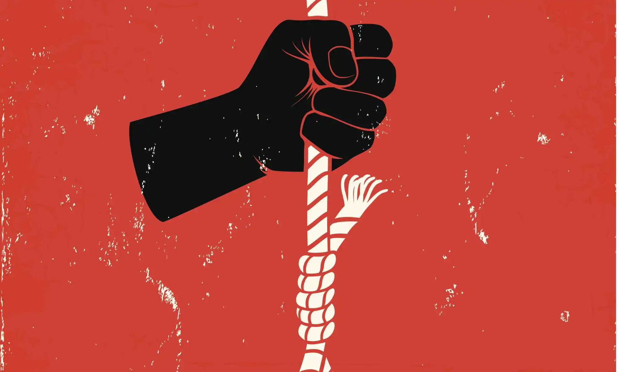 Red and black poster with hand and gallows