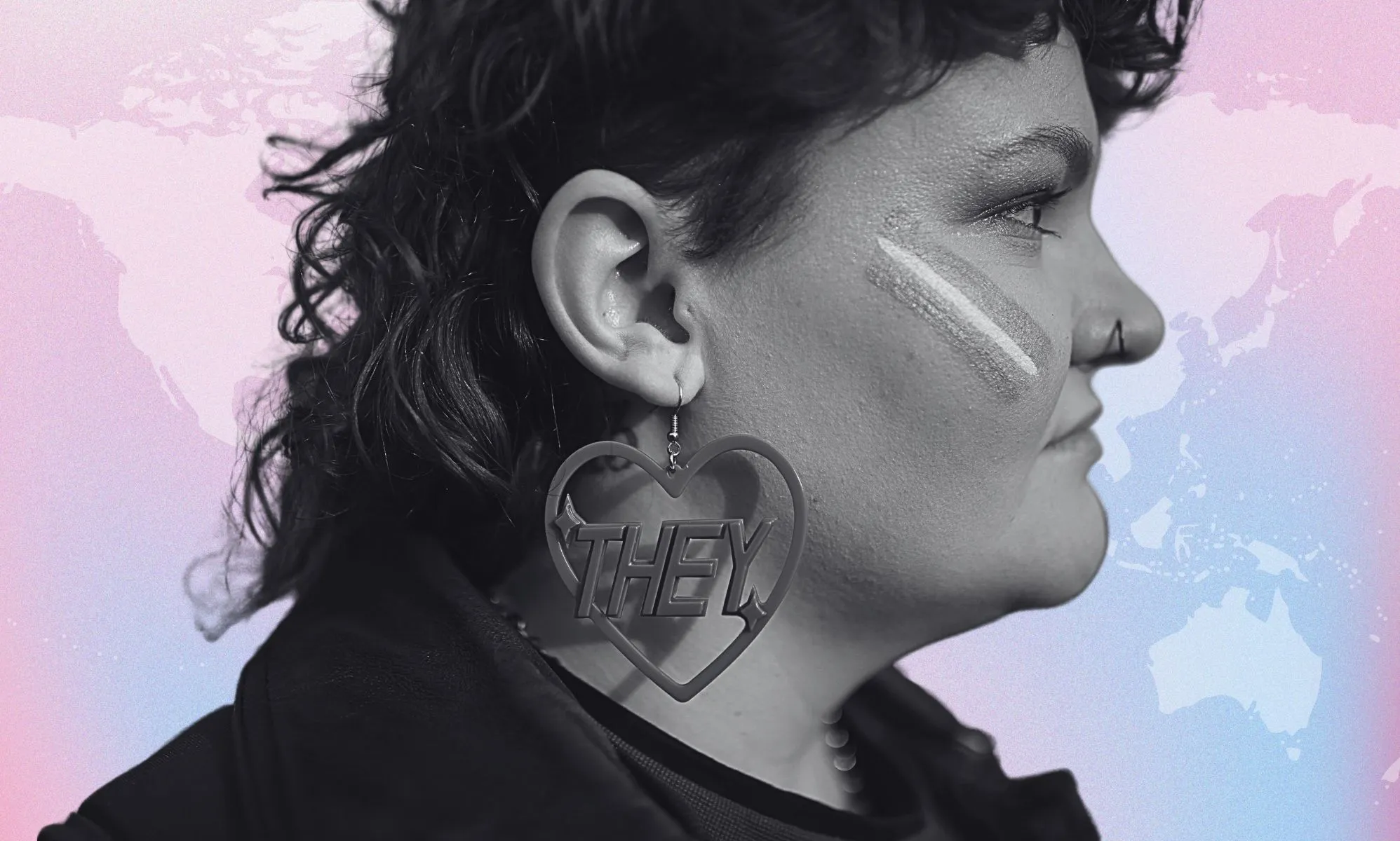 The side profile of a person infront of a world map in the trans colours.