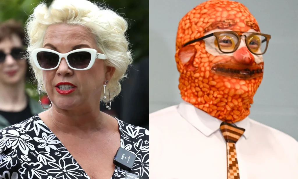 A split image of Posie Parker next to a member of the Monster Raving Loony Party