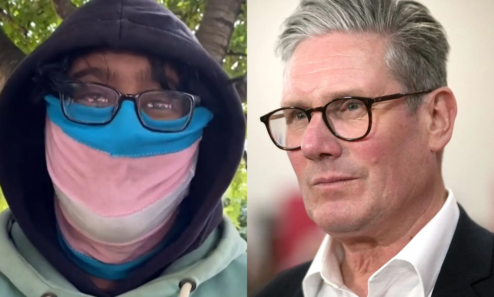 A split image of a person wearing a trans face mask and Keir Starmer.