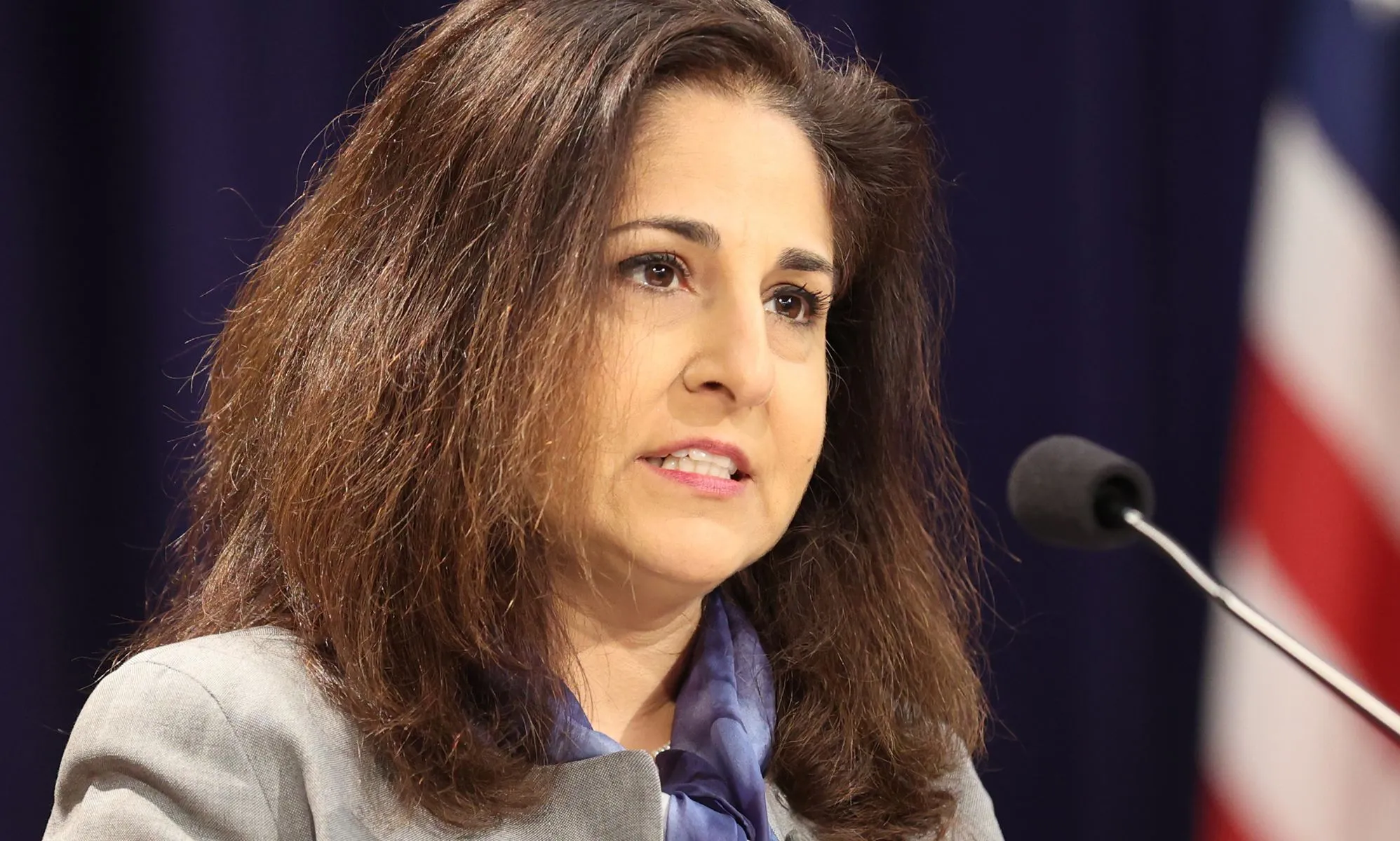 Neera Tanden speaking into a microphone.