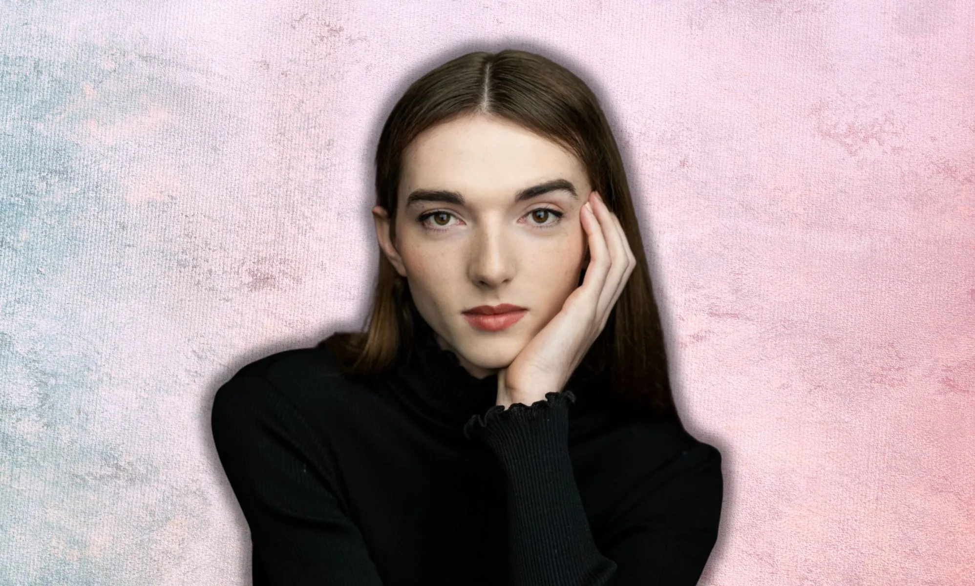 Mary Malone against a textured blue and pink background