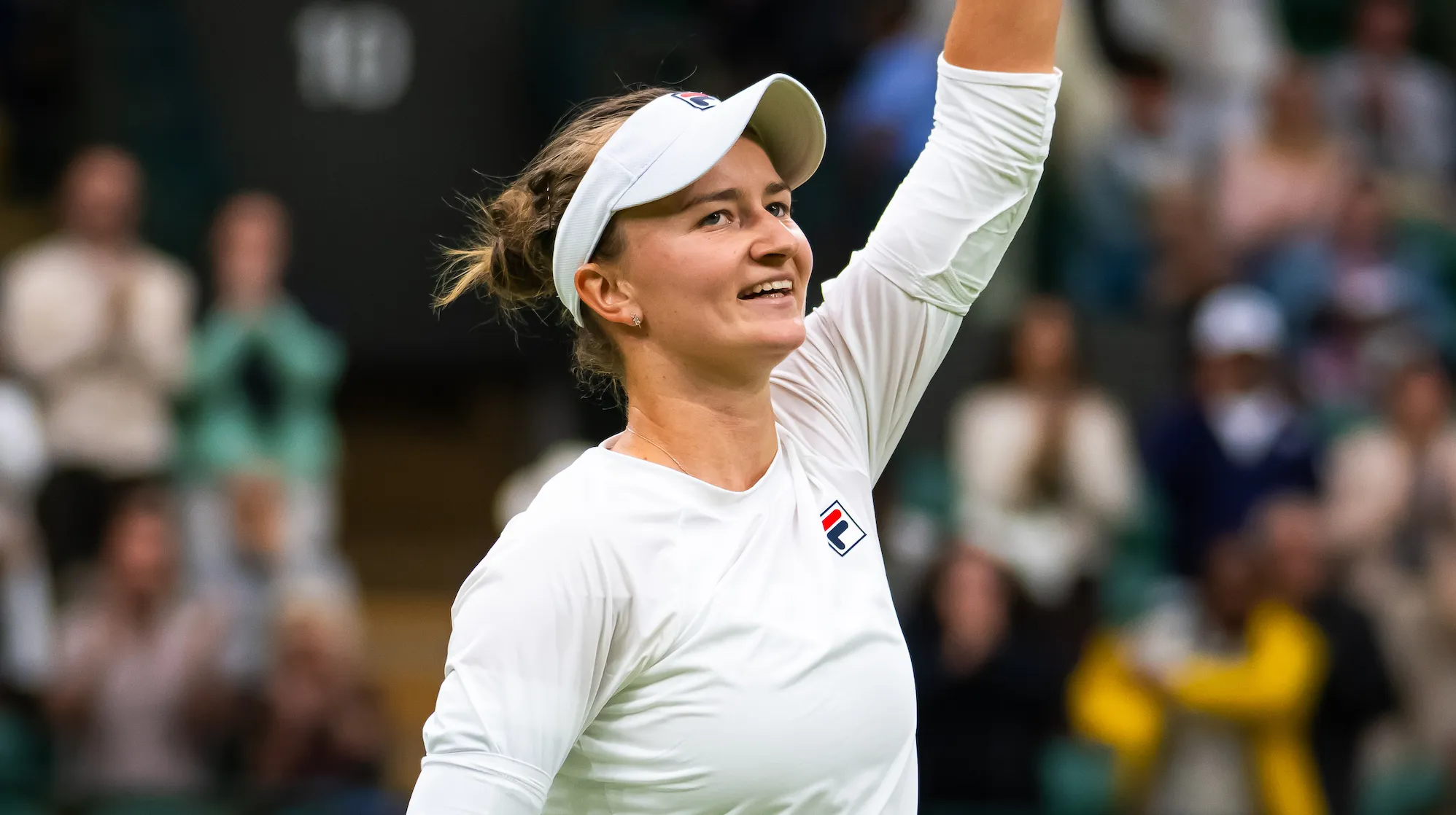 LONDON, ENGLAND - JULY 08: Barbora Krejcikova of the Czech Republic celebrates defeating Danielle Collins of the United States in the fourth round on Day Eight of The Championships Wimbledon 2024 at All England Lawn Tennis and Croquet Club on July 08, 2024 in London, England (Photo by Robert Prange/Getty Images)