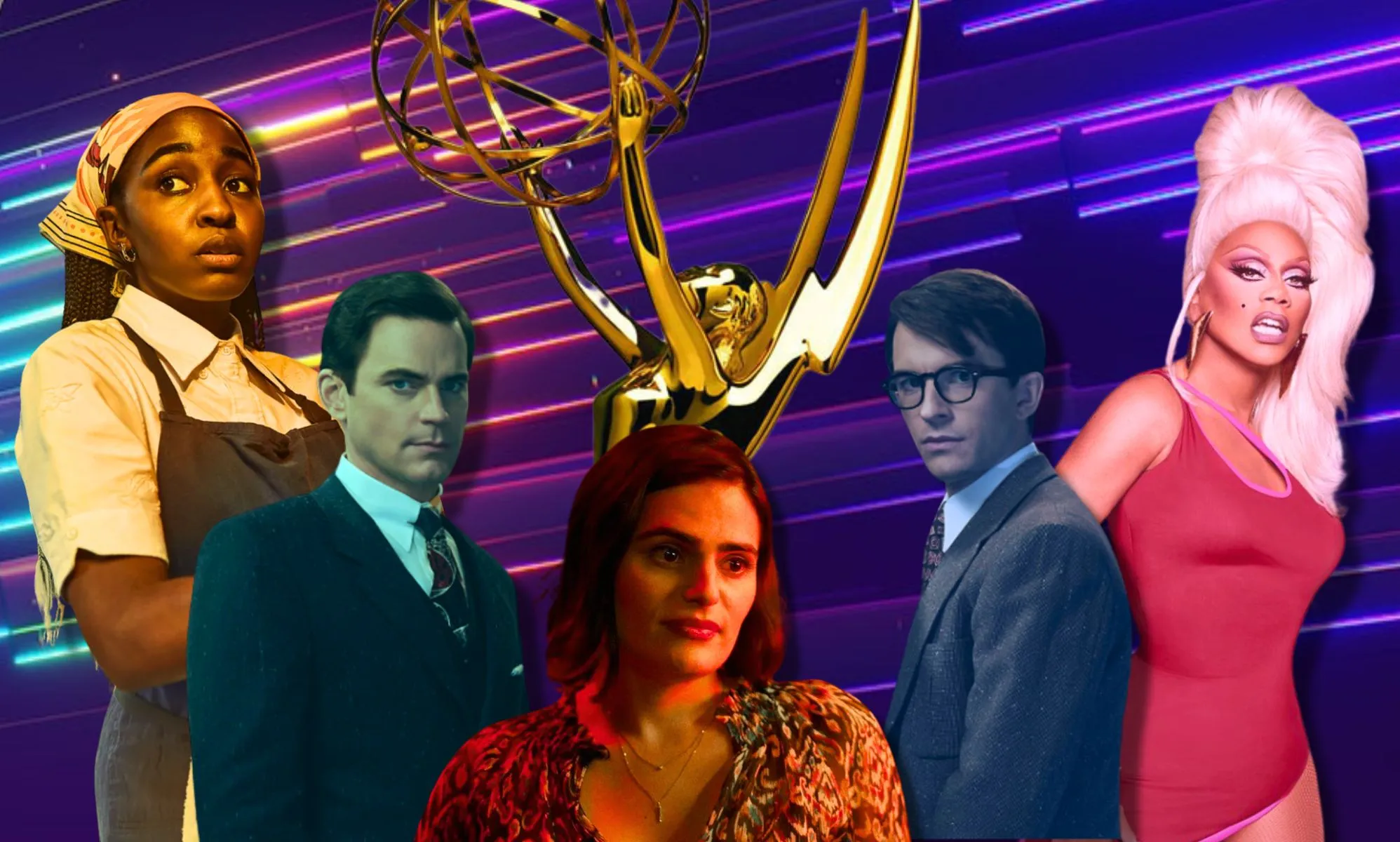 An image featuring Ayo Edebiri, Matt Bomer, Nava Mau, Jonathan Bailey, and RuPaul.