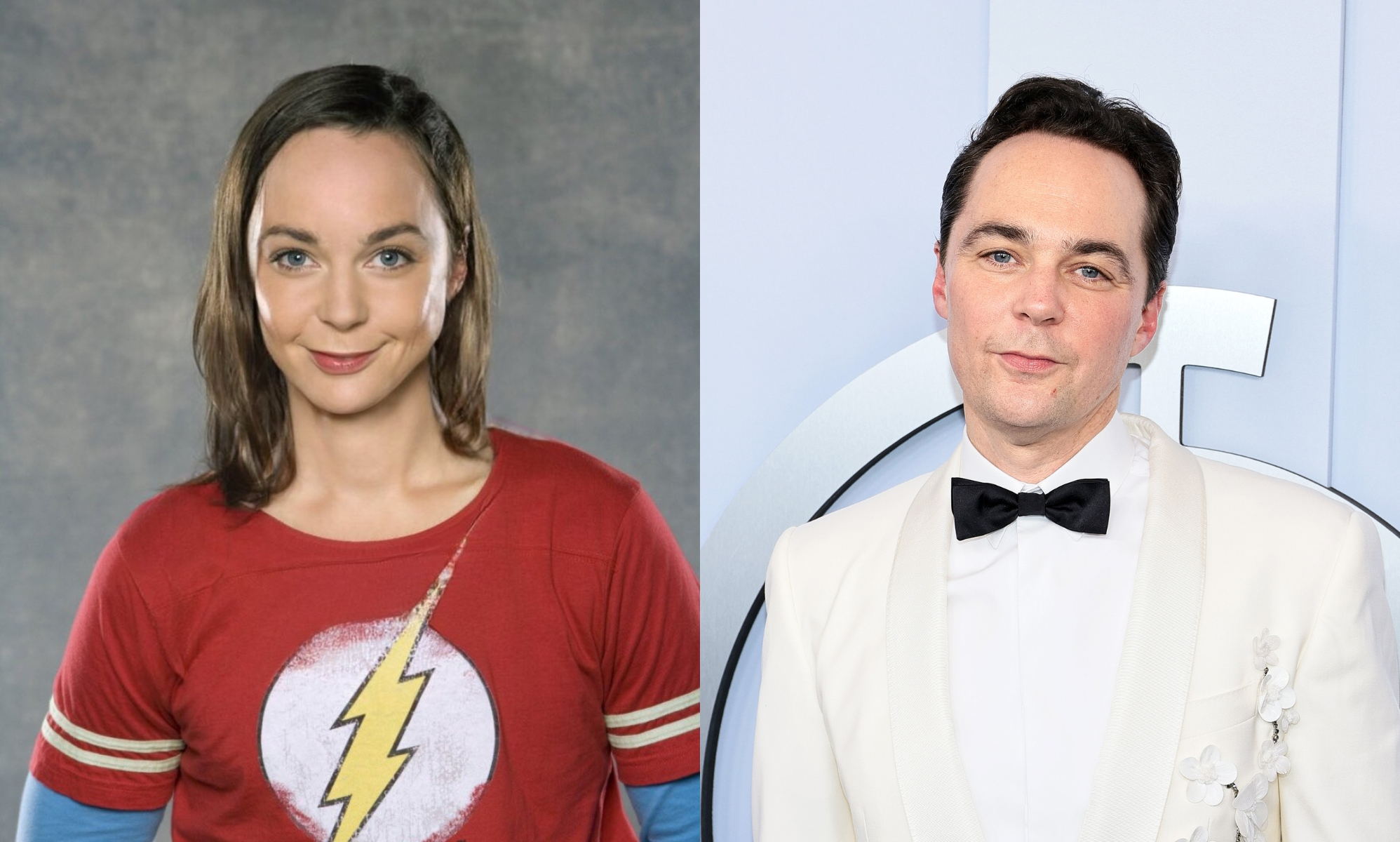 Edited photo of Sheldon with long hair and a lightning bolt red t-shirt and Jim Parsons in a white suit with a black bowtie.