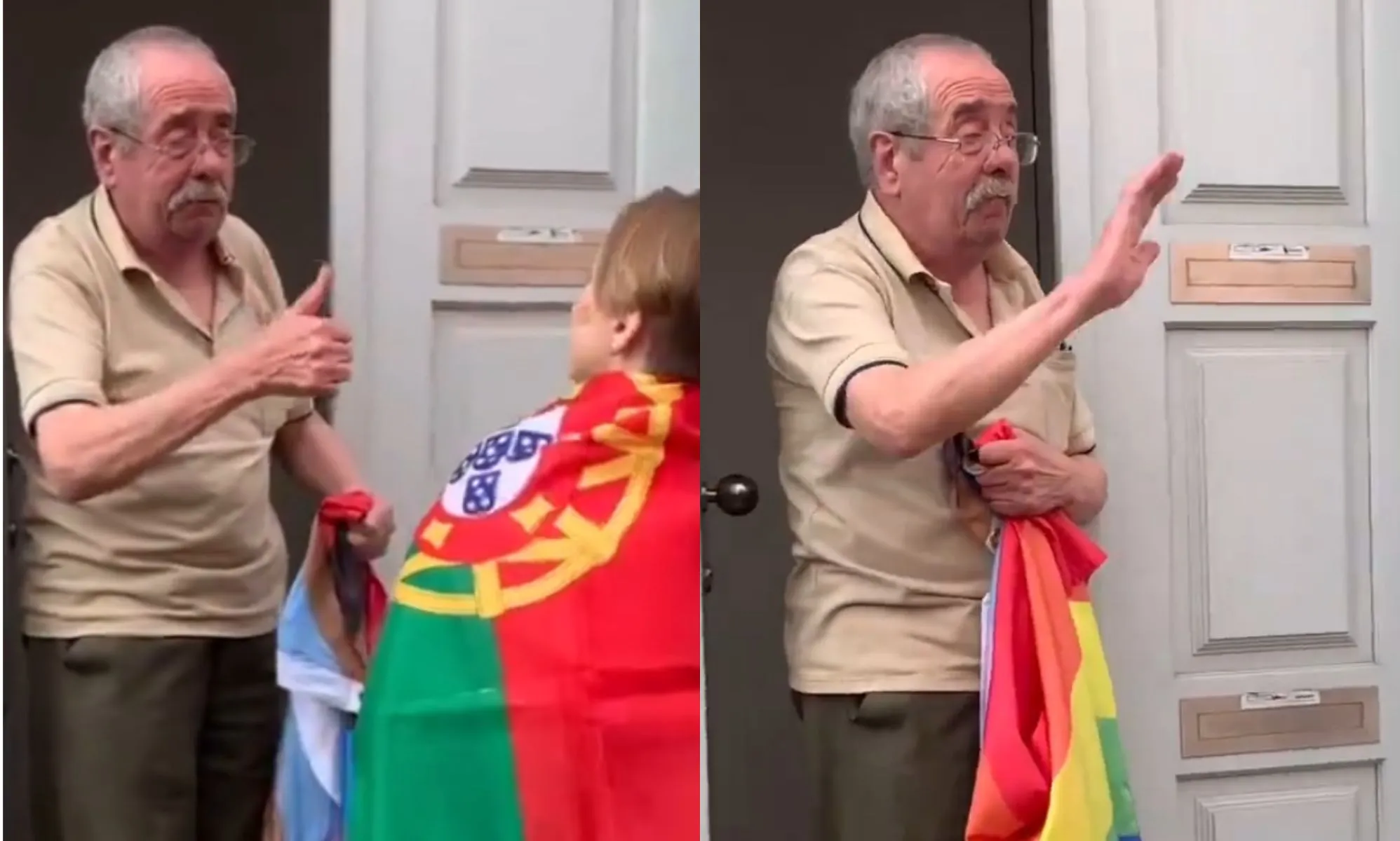 the elderly man waving his Pride flag.