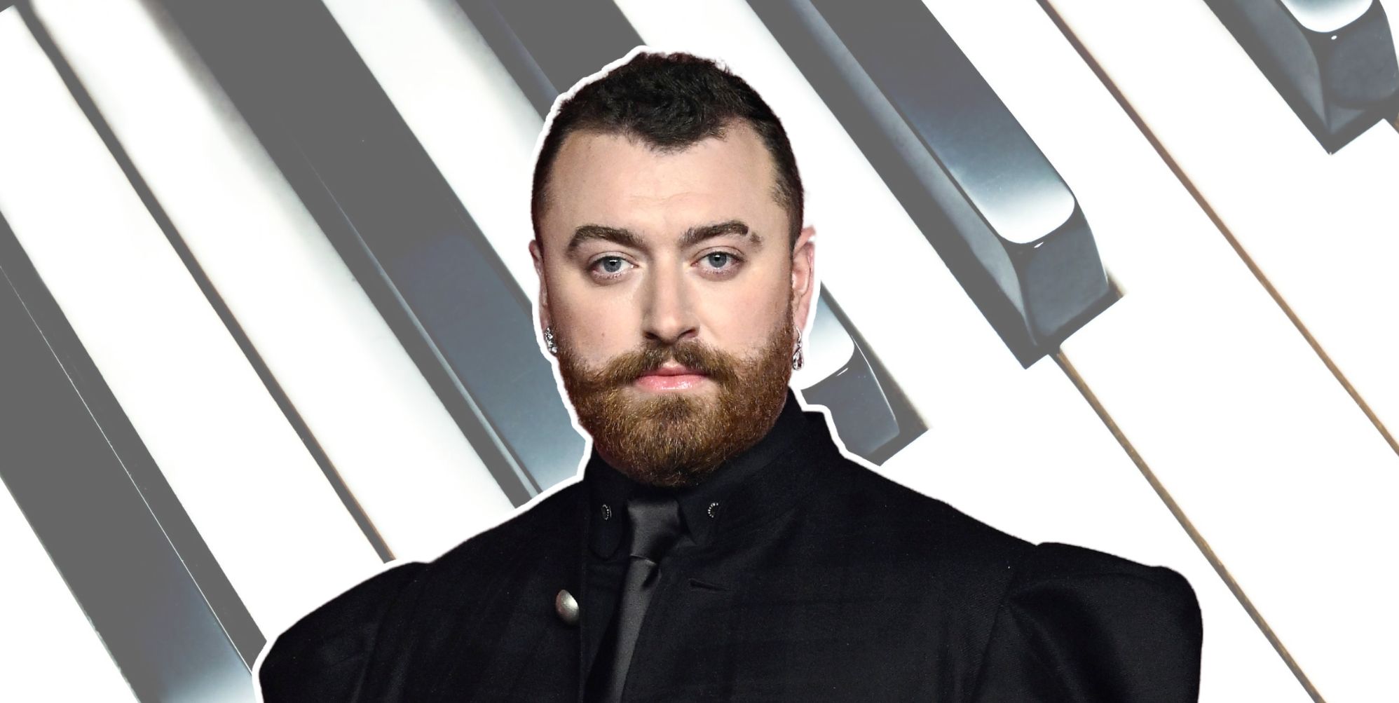 Sam Smith in black against a piano keyboard background.