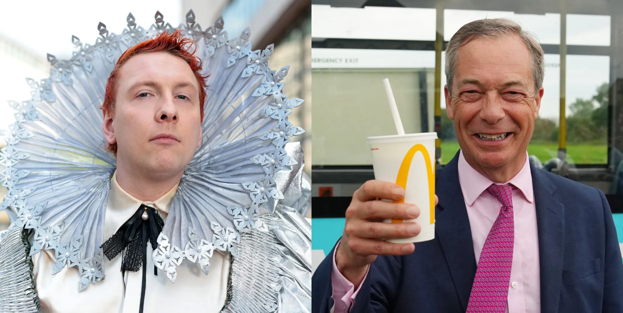 Joe Lycett dressed as a queen at the BAFTAs and Nigel Farage smiling holding a milkshake