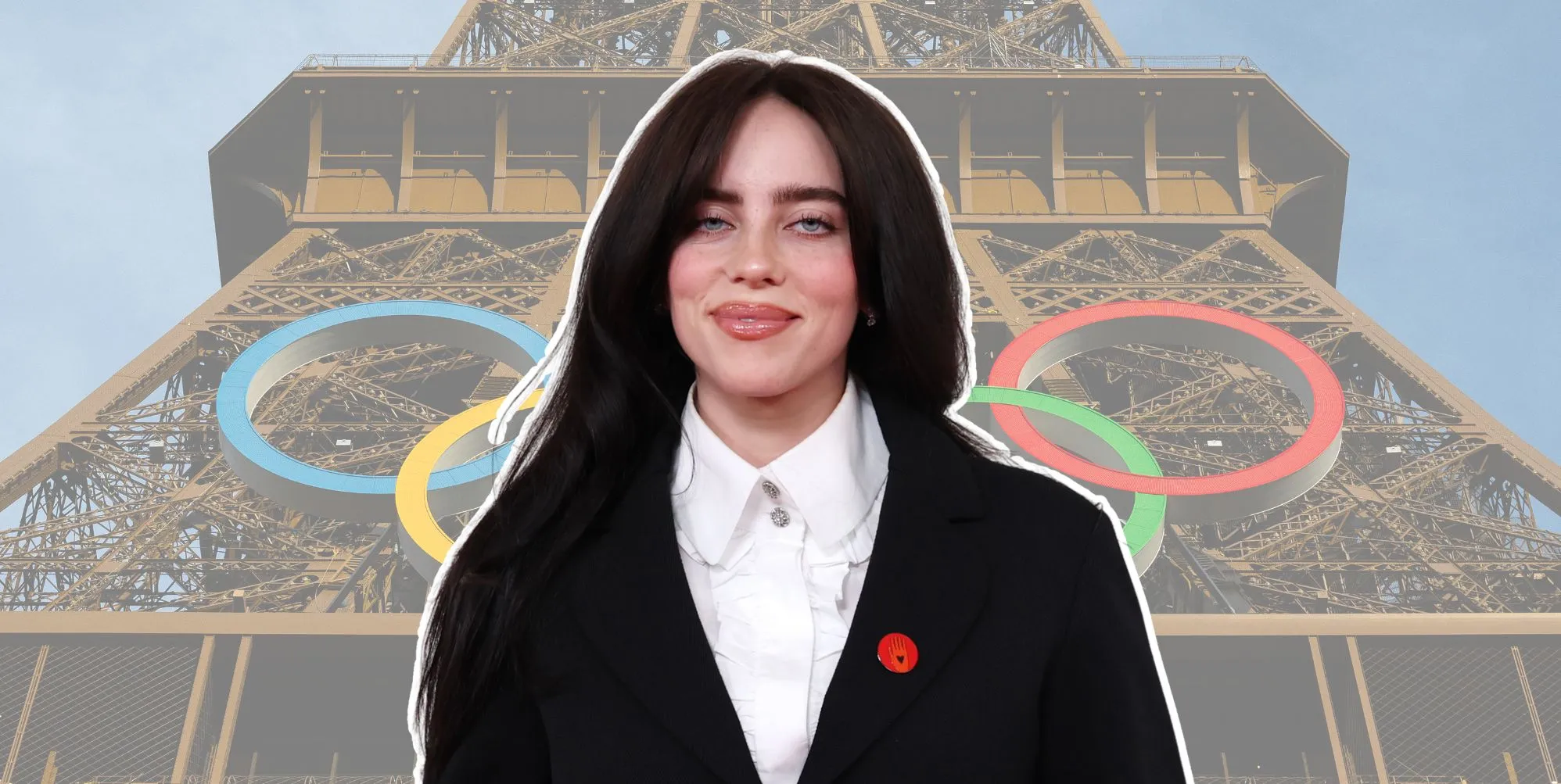 Billie Eilish against an image of the Eiffel Tower with the Olympic Rings behind her