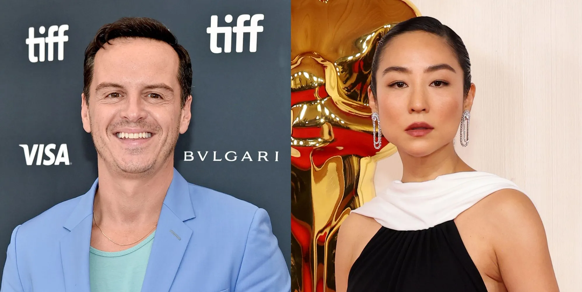 Andrew Scott smiling in a blue suit (left) and Greta Lee posing in a black and white dress (right)