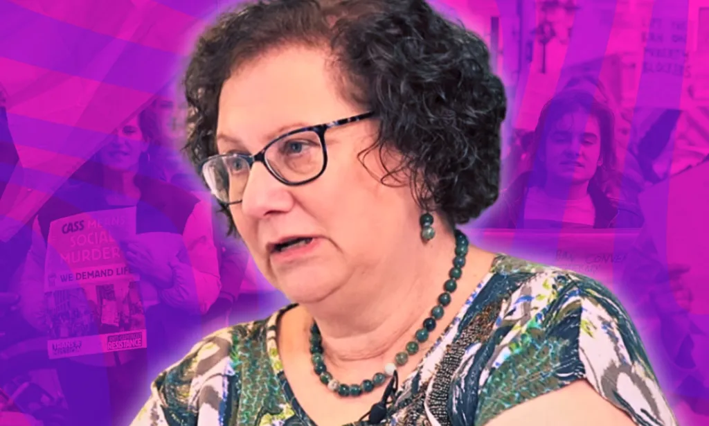 Una imagen de la Dra. Hilary Cass editada en una imagen de manifestantes.