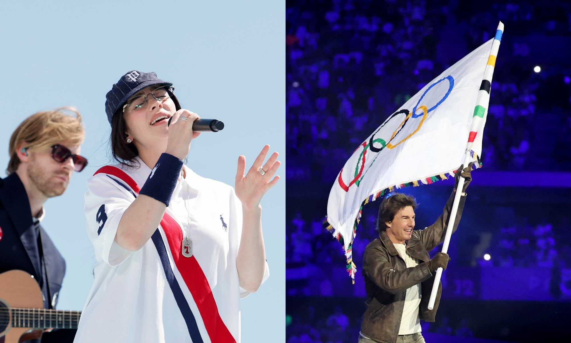 Billie Eilish performing at the LA28 Olympic Games Handover Celebration and Actor Tom Cruise holds the Olympic flag during the Closing Ceremony of the Olympic Games Paris 2024.