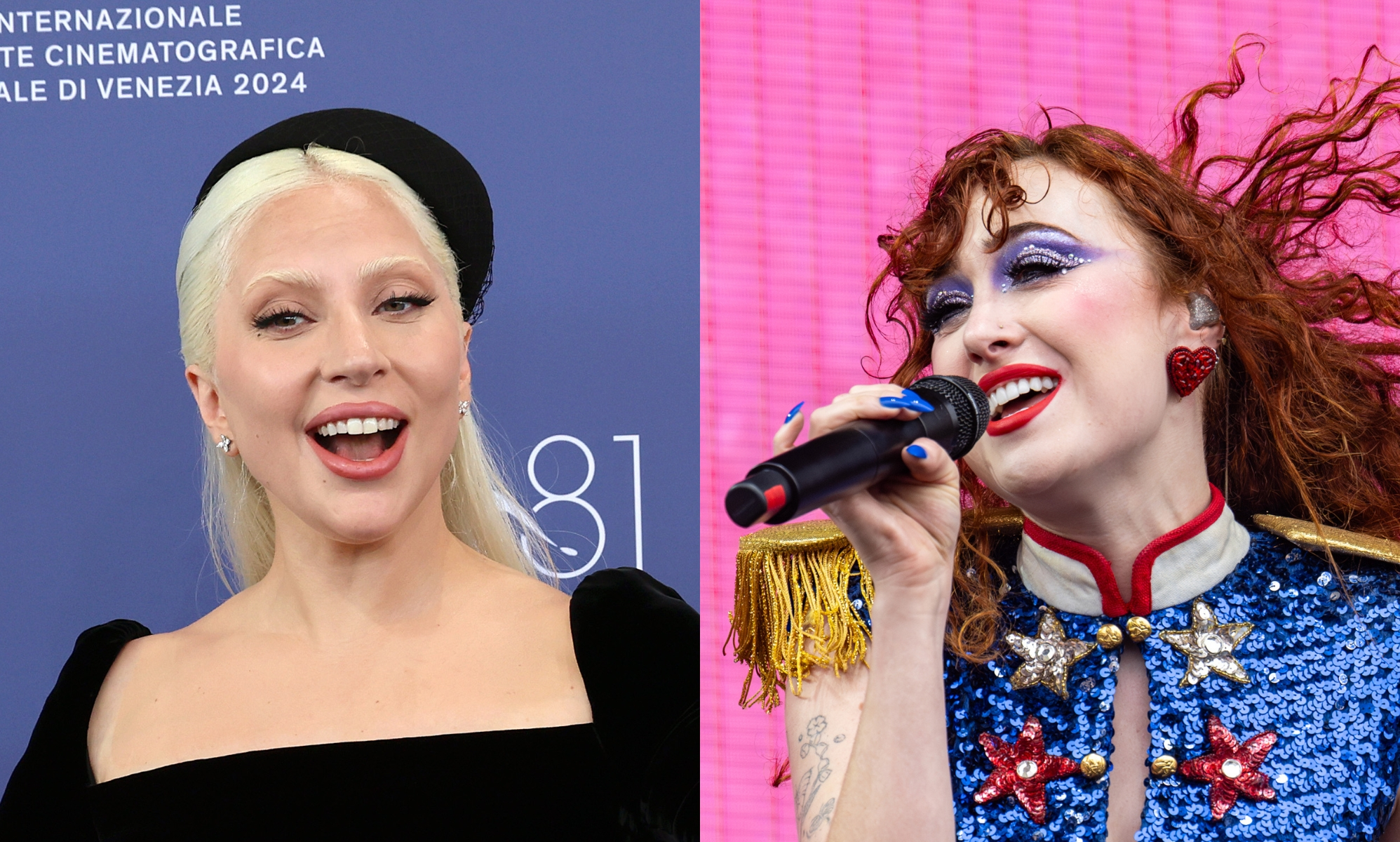 Lady Gaga at a Venice Film Festival photocall wearing a black dress and hat. Chappell Roan performing, mic in hand, against a bright pink screen. She