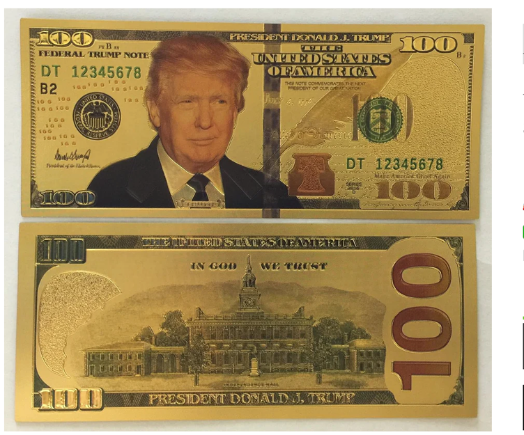 Mercancía de la campaña de Trump: billete de 100 dólares