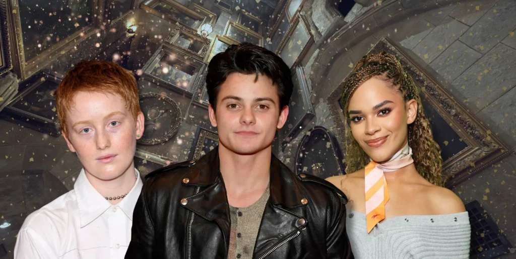 Bobbi Salvör Menuez, Tyler DiChiara, Yasmin Finney against a Hogwarts background