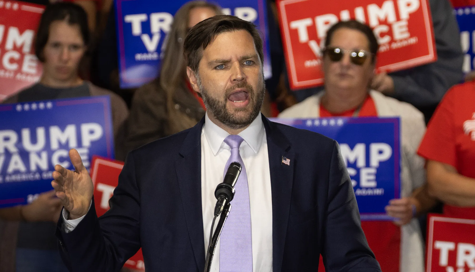 TRAVERSE CITY, MICHIGAN - SEPTEMBER 25: Republican vice presidential nominee U.S. Sen. JD Vance (R-OH) speaks to supporters during a campaign event at the Northwestern Michigan Fair grounds on September 25, 2024 in Traverse City, Michigan. Republican presidential nominee former President Donald Trump is scheduled to host two campaign events in the state on Friday. (Photo by Scott Olson/Getty Images)