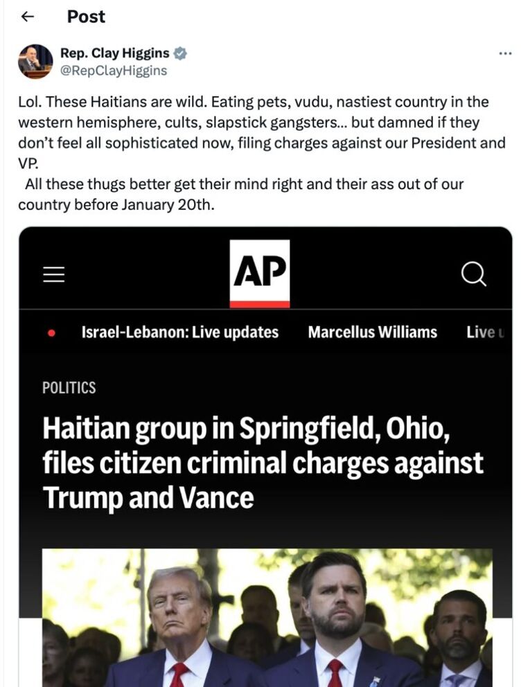 El tweet racista ahora eliminado del representante Clay Higgins (R-LA)