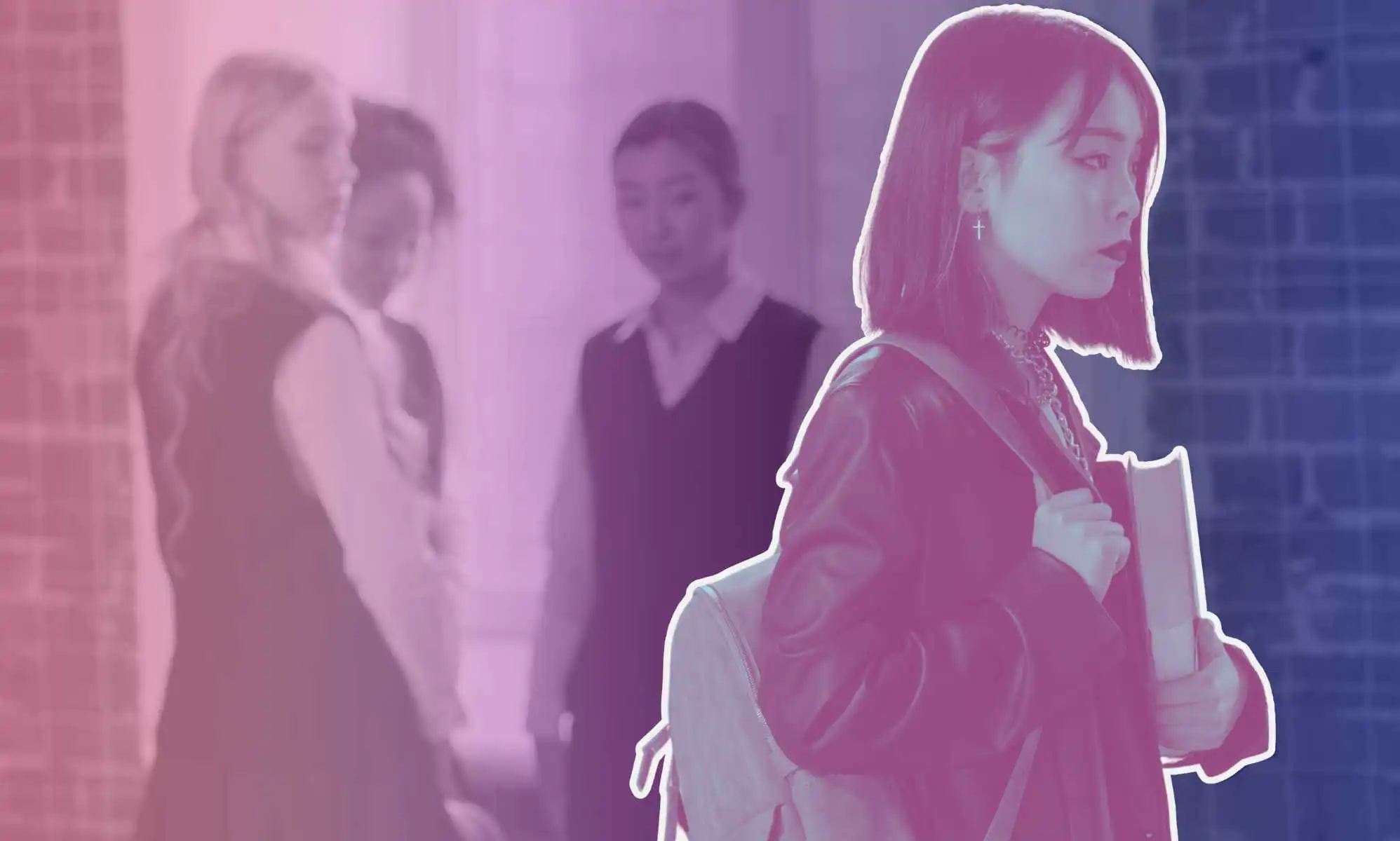 A young person being bullied, bisexual lighting overlayed