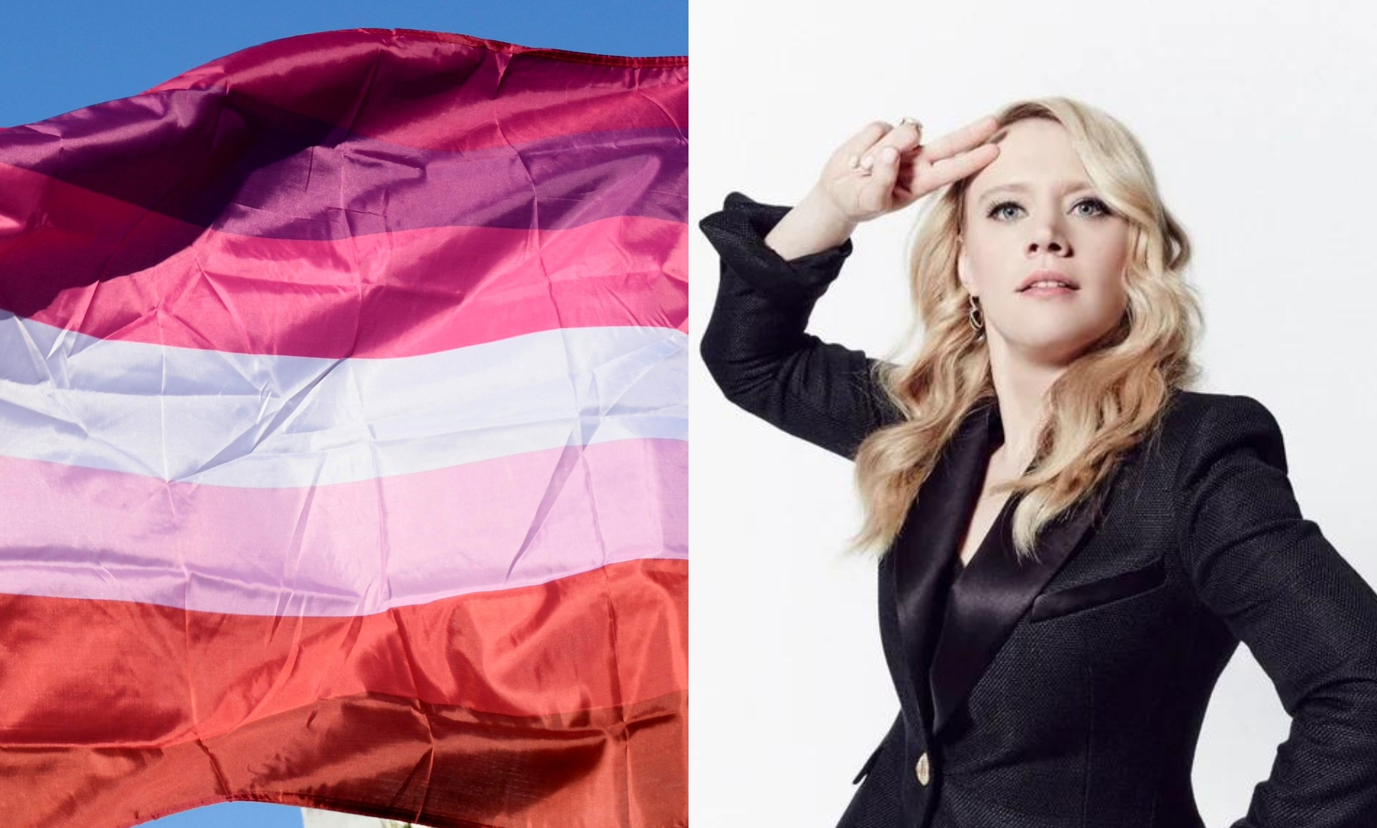 Lesbian flag and Kate McKinnon saluting