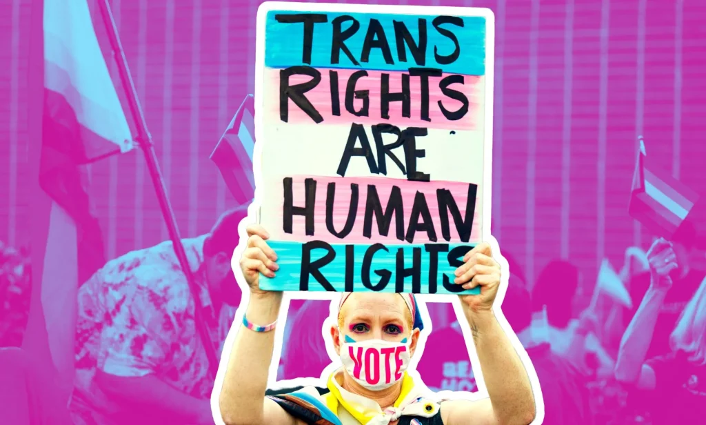 An edited image of a person holding a sign reading trans rights are human rights.