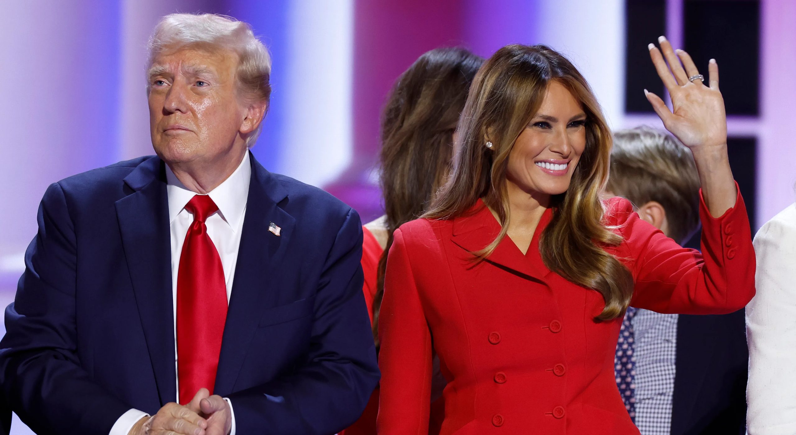 Former first lady Melania Trump joins Republican presidential nominee, former U.S. President Donald Trump on stage after he officially accepted the Republican presidential nomination.