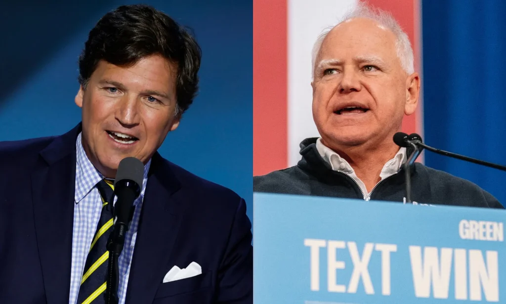 Tucker Carlson (left) and Tim Walz (right)