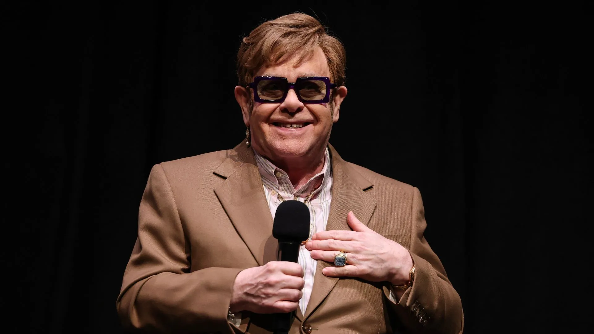 Elton John onstage during the Elton John: Never Too Late European debut as part of the London Film Festival at Southbank Centre - Royal Festival Hall on 10 October 2024 in London