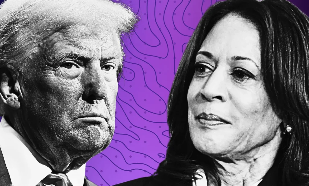 An edited picture of Kamala Harris and Donald Trump.