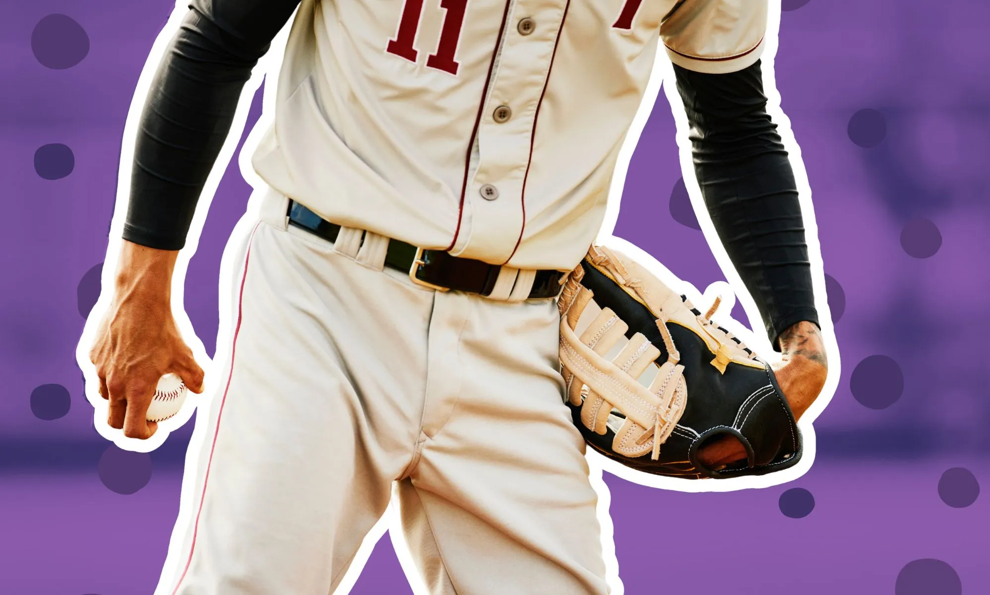 A baseball player edited infront of a purple background.