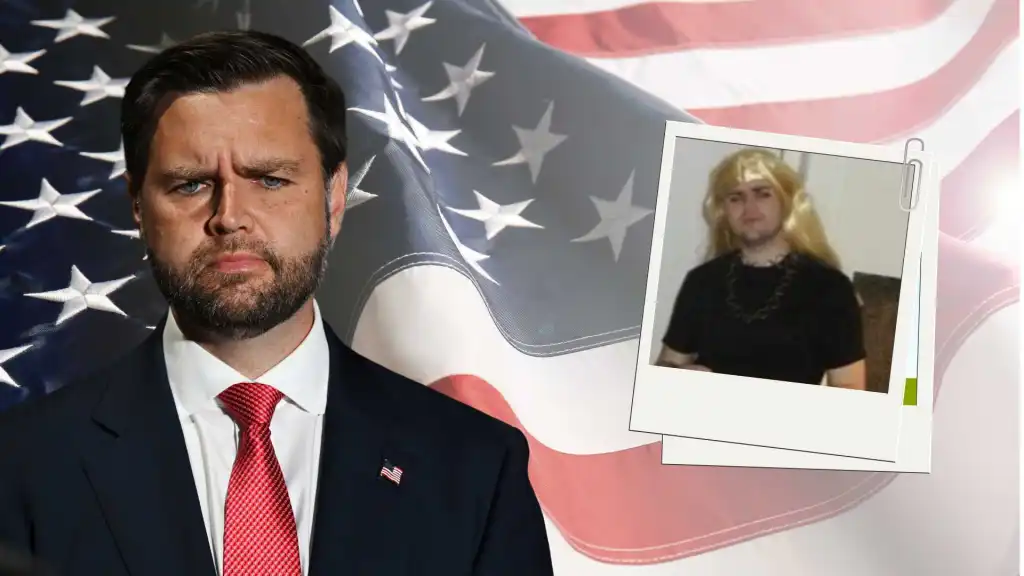 JD Vance (izquierda) junto a una foto que supuestamente lo muestra disfrazado